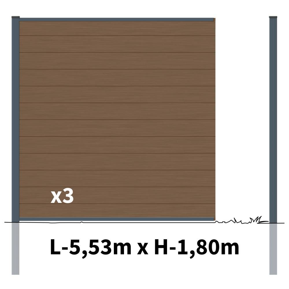 Kit Clôture Bois Composite Bronze 5,5x1,8m RIO - Poteaux en Aluminium Gris - Brise Vue - Palissade - Image 2