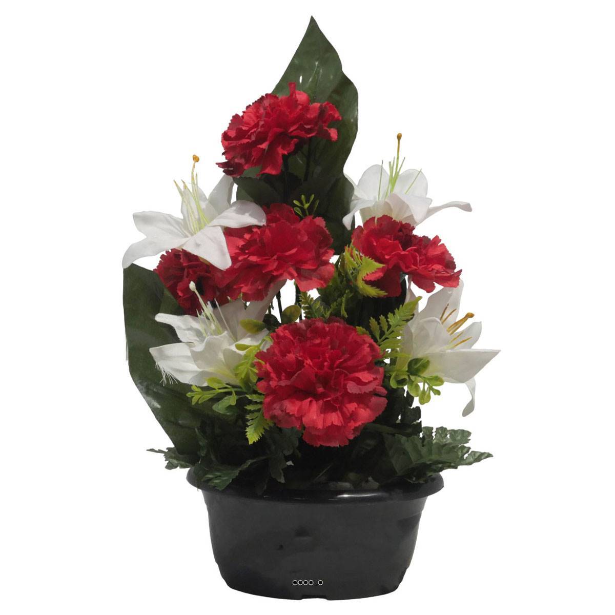 Artificielles - Jardinière fleurs artificielles d'oeillet et de Lys Rouge pour la Toussaint - couleur: Rouge - Image 1