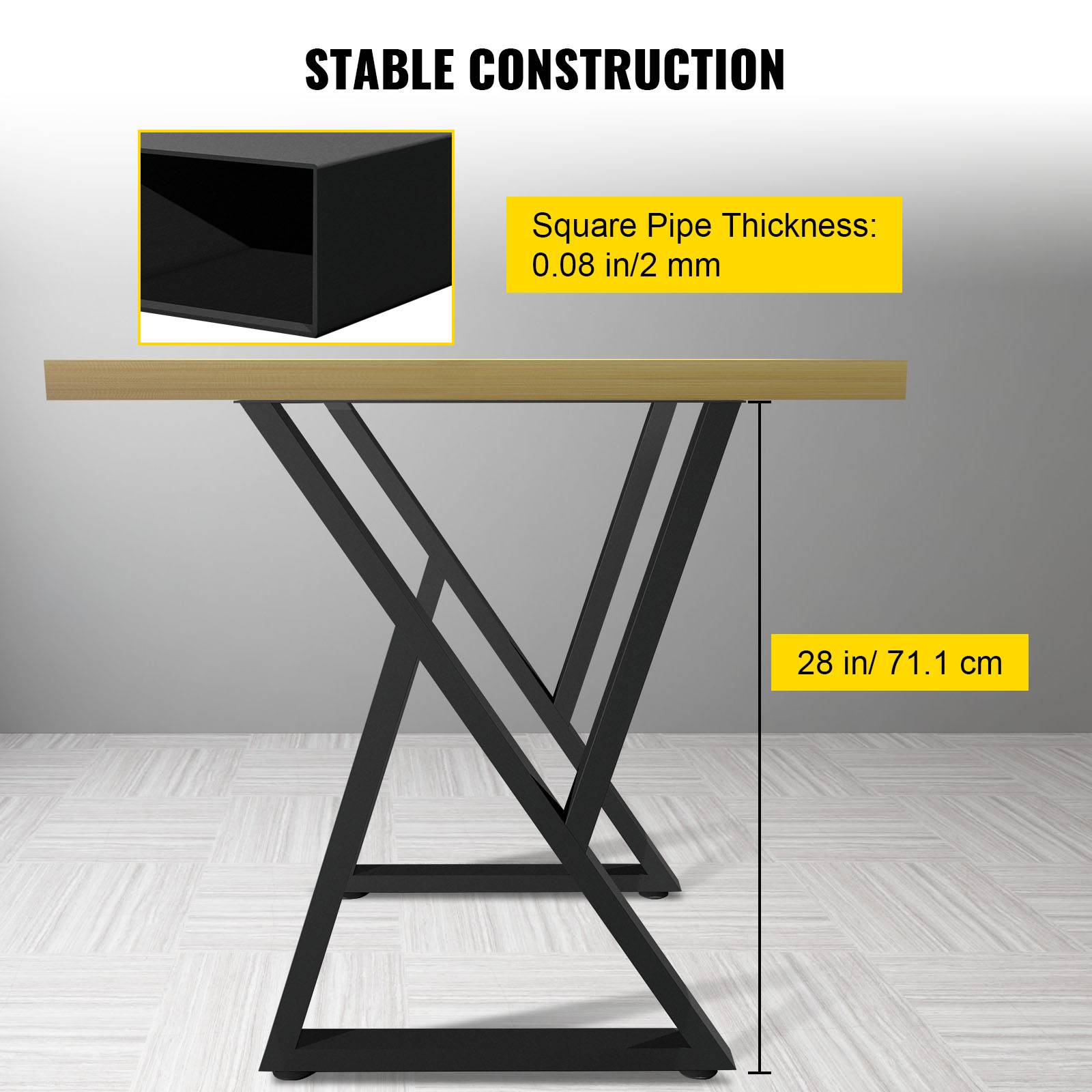 VEVOR Pieds de table métal forme Z, 71.1x45.7cm, lot de 2, avec protections sol caoutchouc. - Image 3