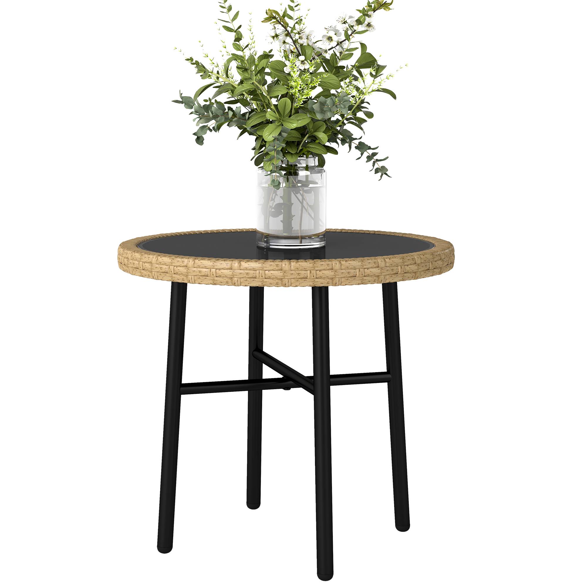 ComfortXL - Table basse d'appoint ronde jardin résine tressée balcon plateau verre trempé 46x46x43cm naturel - ComfortXL Outdoor Living - Image 2