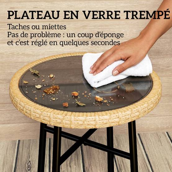 ComfortXL - Table basse d'appoint ronde jardin résine tressée balcon plateau verre trempé 46x46x43cm naturel - ComfortXL Outdoor Living - Image 7