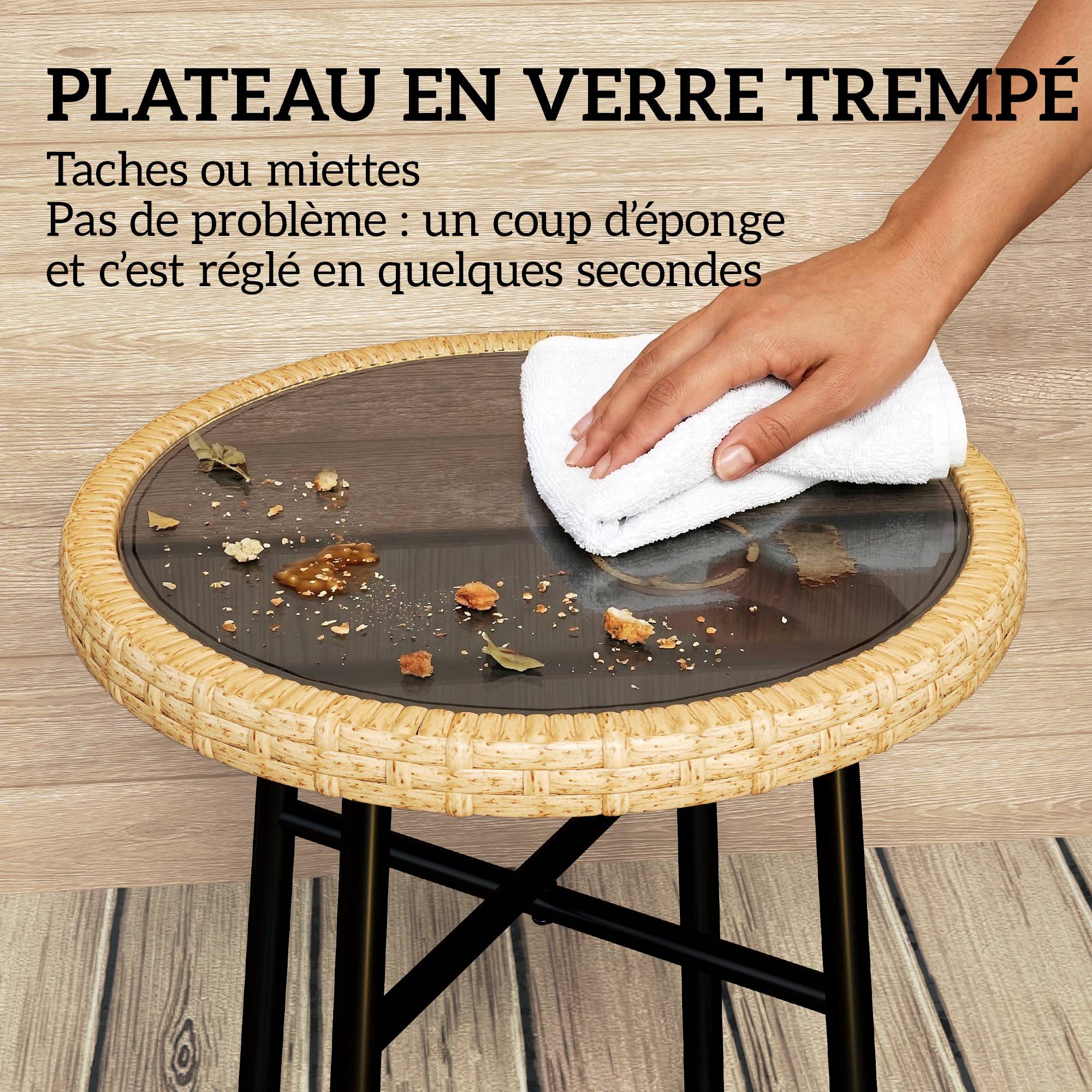 ComfortXL - Table basse d'appoint ronde jardin résine tressée balcon plateau verre trempé 46x46x43cm naturel - ComfortXL Outdoor Living - Image 7