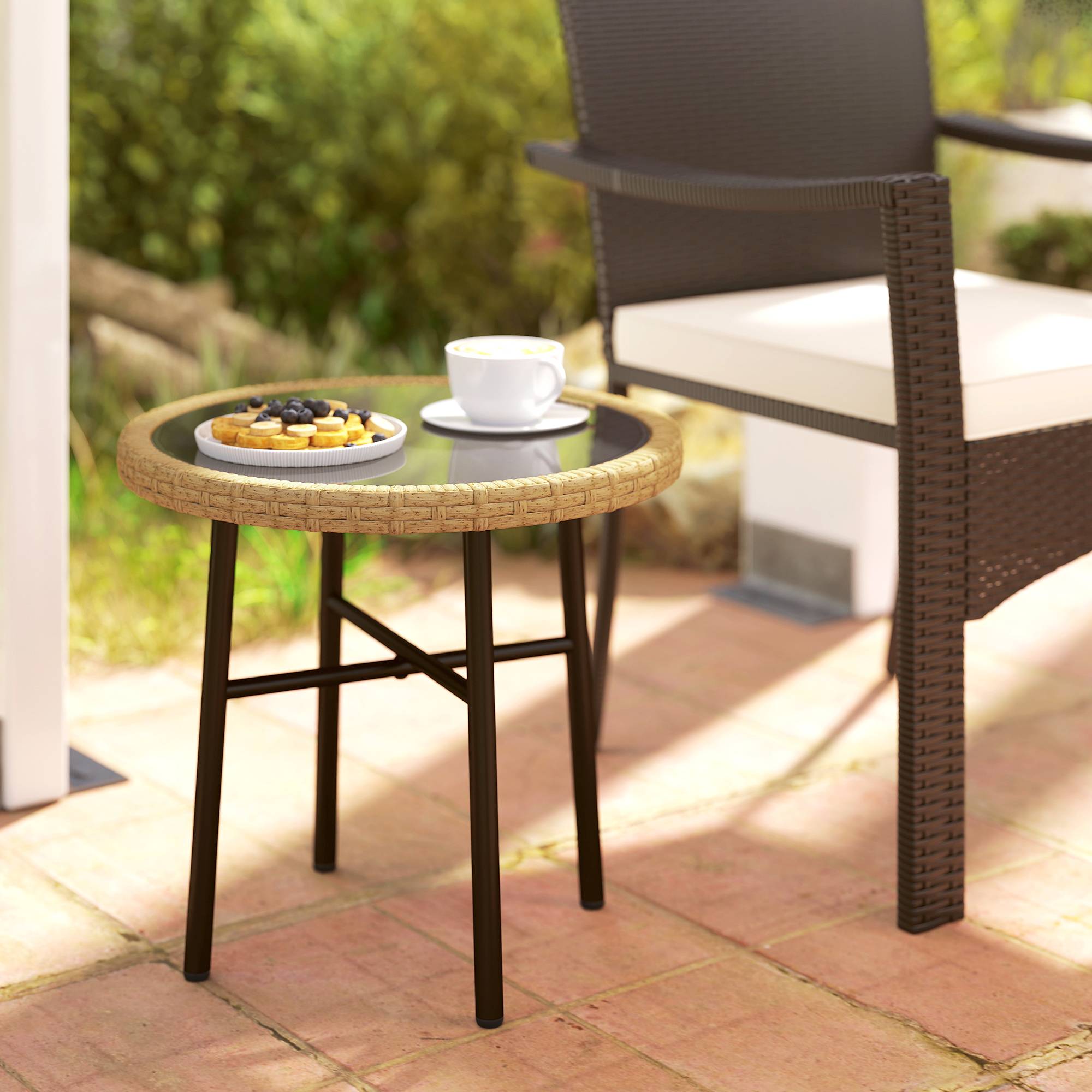 ComfortXL - Table basse d'appoint ronde jardin résine tressée balcon plateau verre trempé 46x46x43cm naturel - ComfortXL Outdoor Living - Image 3