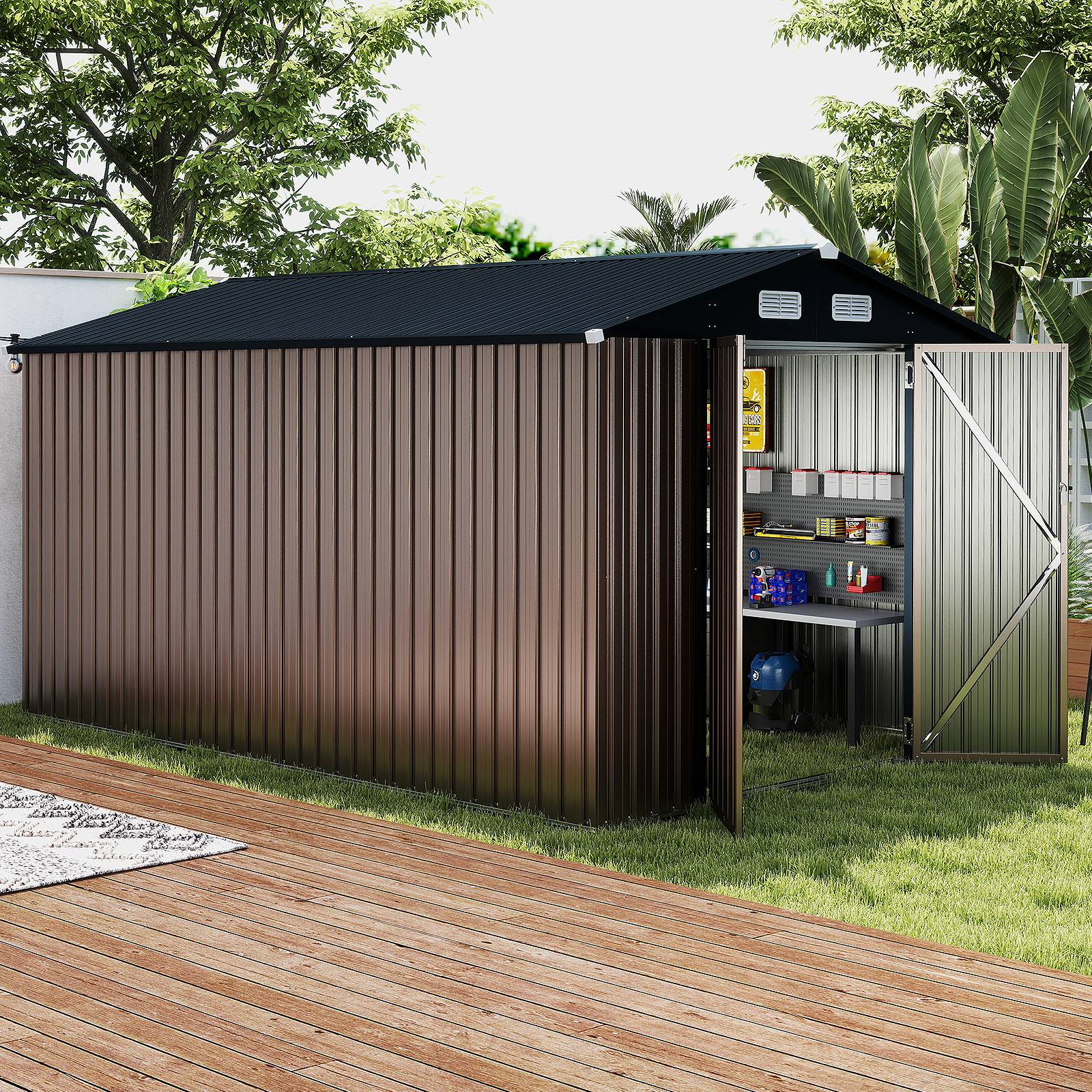 Abri de Jardin Extérieur, Grande Remise à Outils avec Toit Incliné, Portes Verrouillables avec Clés, 4 Aérations, 350x223x197cm - Image 2
