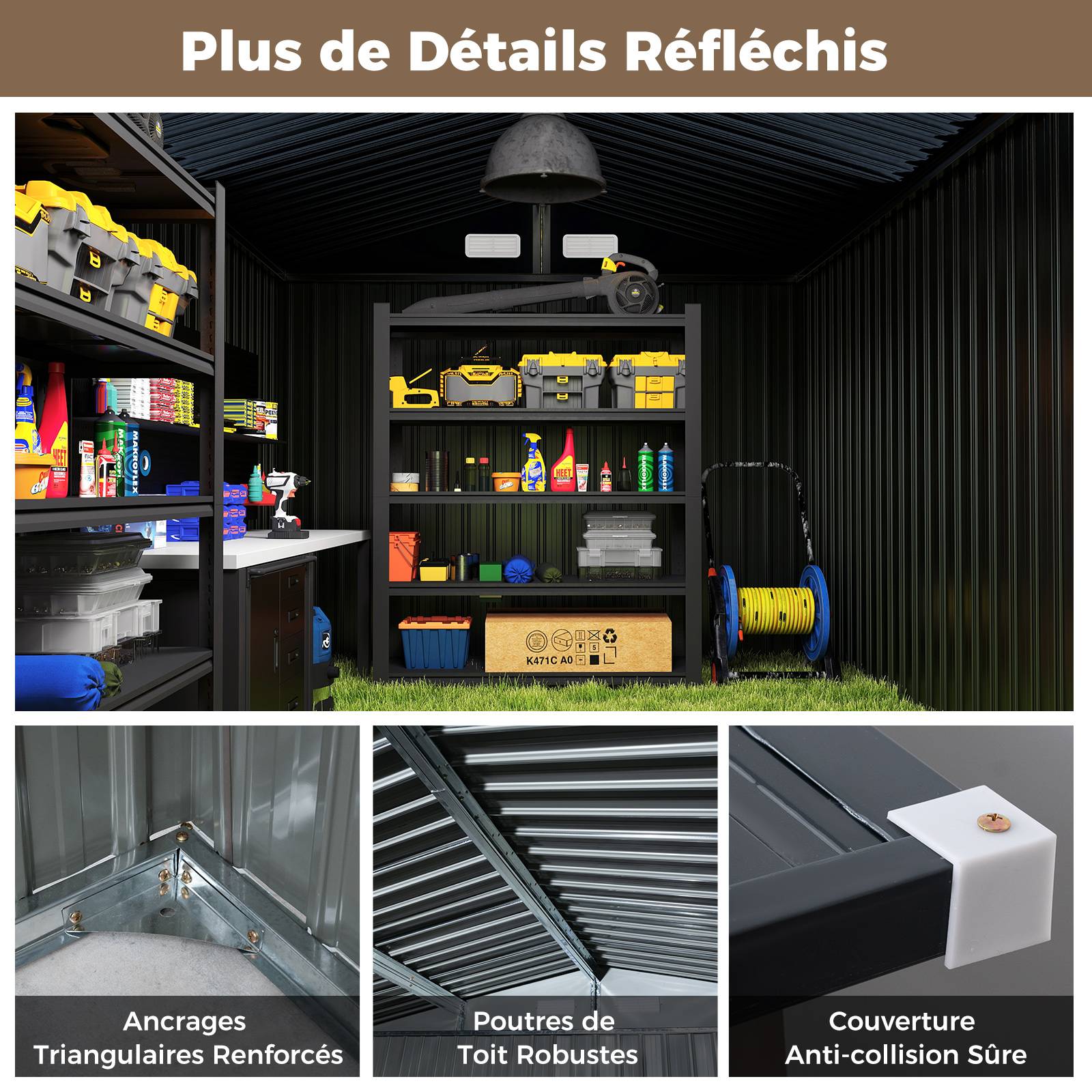 Abri de Jardin Extérieur, Grande Remise à Outils avec Toit Incliné, Portes Verrouillables avec Clés, 4 Aérations, 350x223x197cm - Image 7