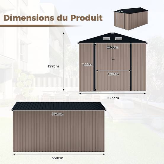 Abri de Jardin Extérieur, Grande Remise à Outils avec Toit Incliné, Portes Verrouillables avec Clés, 4 Aérations, 350x223x197cm - Image 3