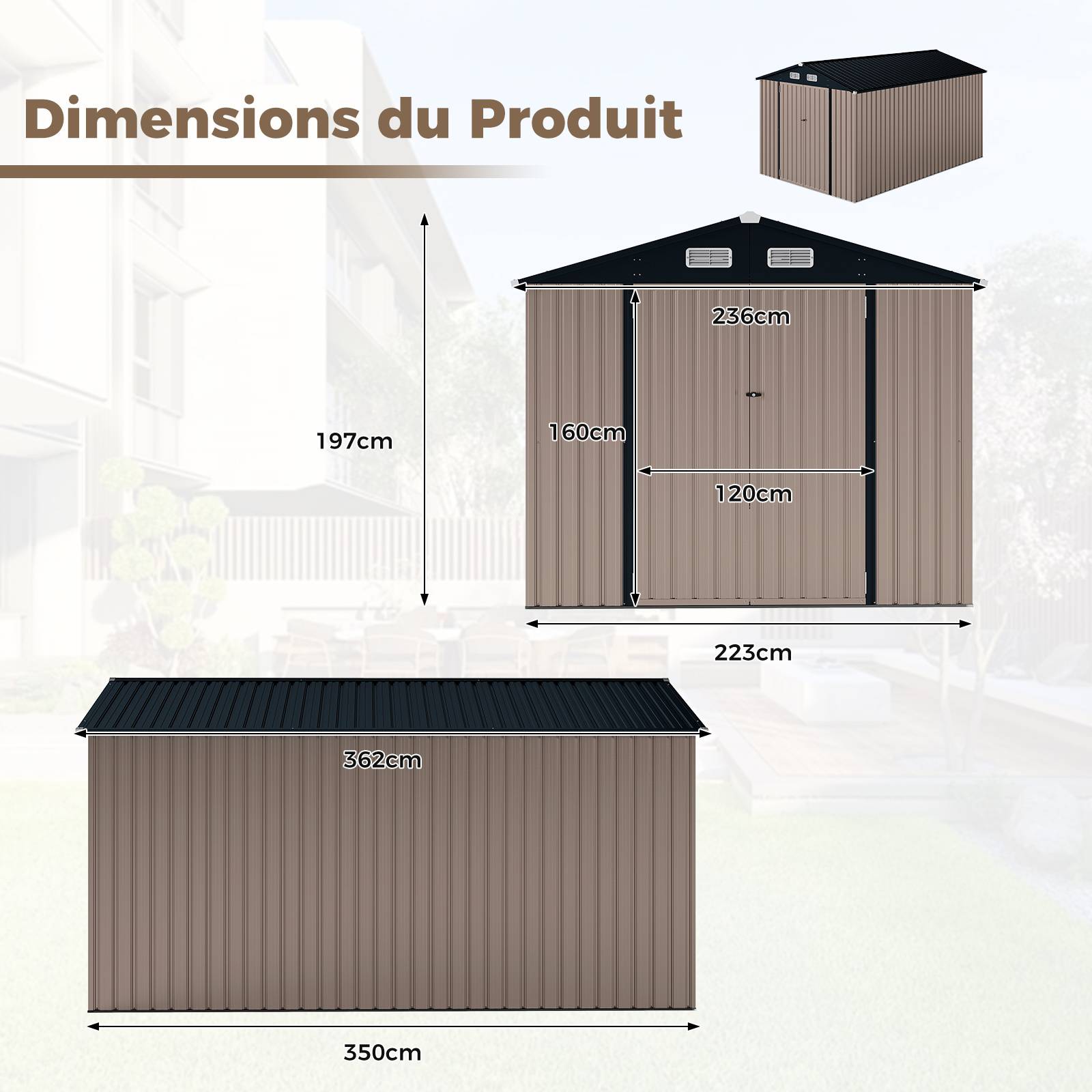 Abri de Jardin Extérieur, Grande Remise à Outils avec Toit Incliné, Portes Verrouillables avec Clés, 4 Aérations, 350x223x197cm - Image 3
