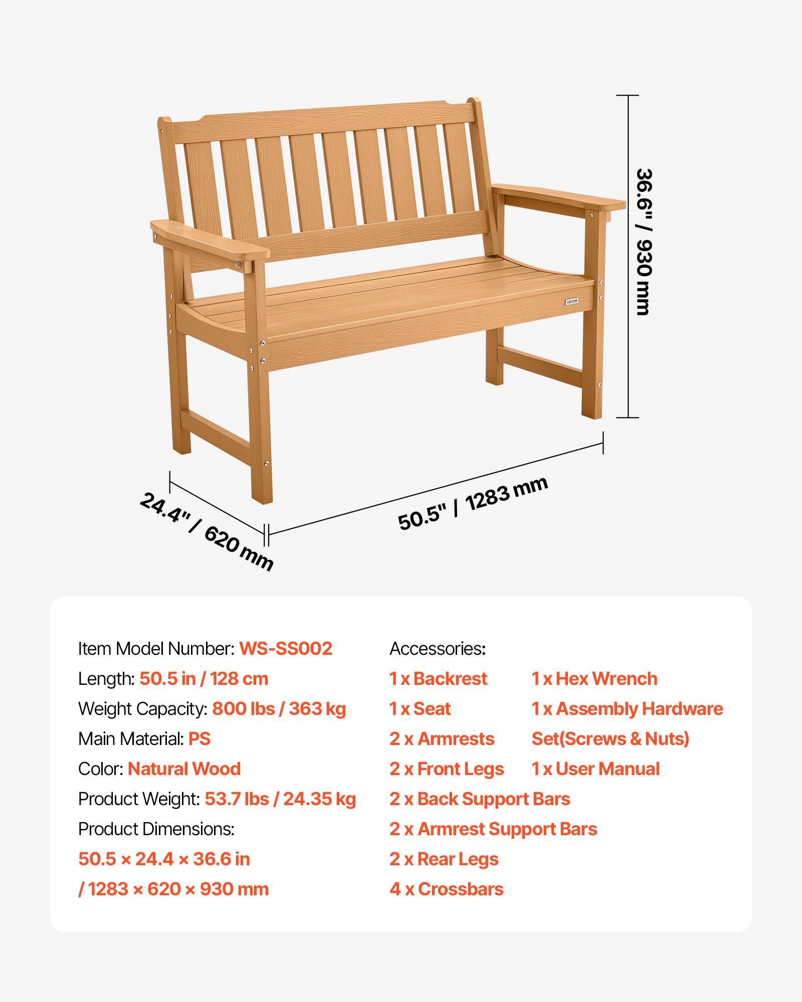Vevor - VEVOR Banc de jardin banquette d'extérieur 128 cm plastique couleur bois naturel - Image 7
