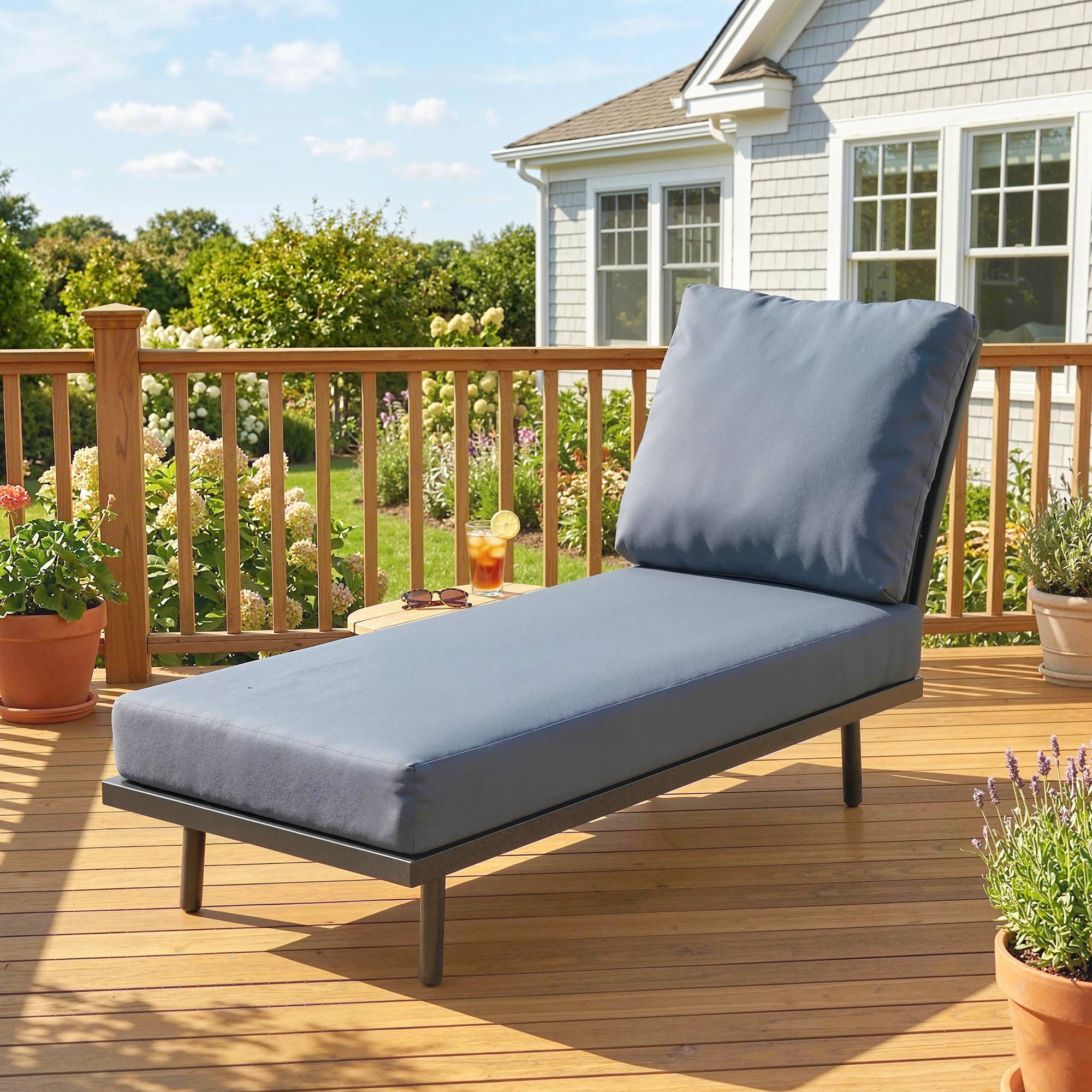 Sans Marque - Chaise Longue de Jardin avec Coussins Lavables en Oléfine et Étagère Latérale, Cadre en Métal, 58x137x75cm, Gris - Image 4
