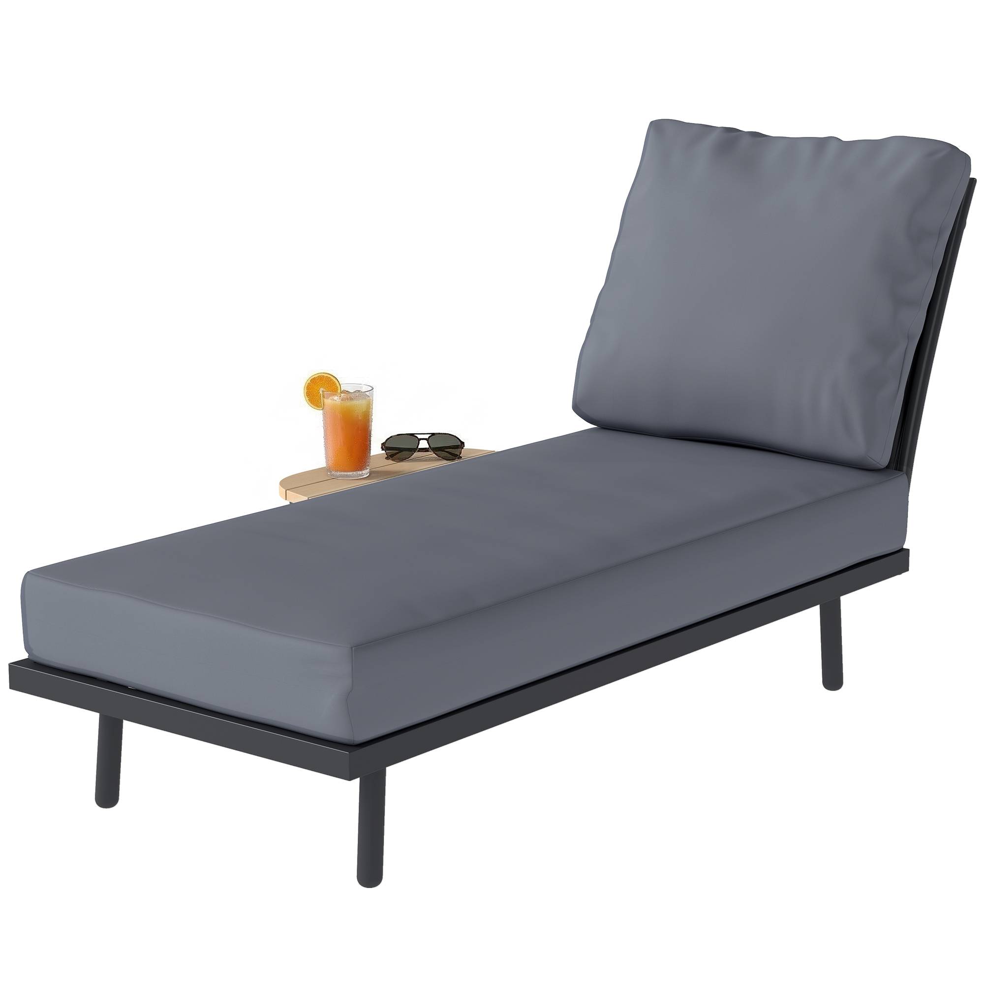 Sans Marque - Chaise Longue de Jardin avec Coussins Lavables en Oléfine et Étagère Latérale, Cadre en Métal, 58x137x75cm, Gris - Image 2