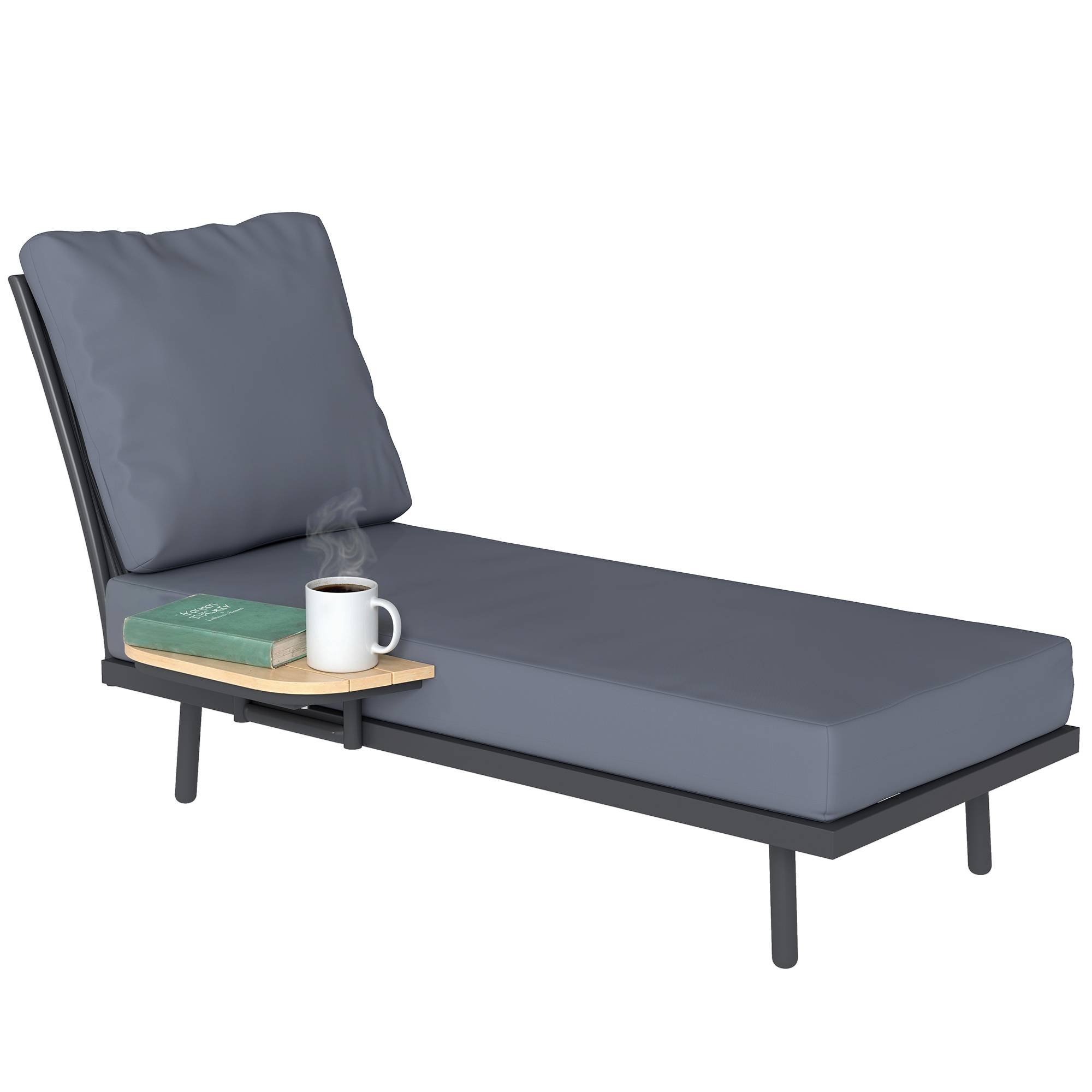 Sans Marque - Chaise Longue de Jardin avec Coussins Lavables en Oléfine et Étagère Latérale, Cadre en Métal, 58x137x75cm, Gris - Image 1