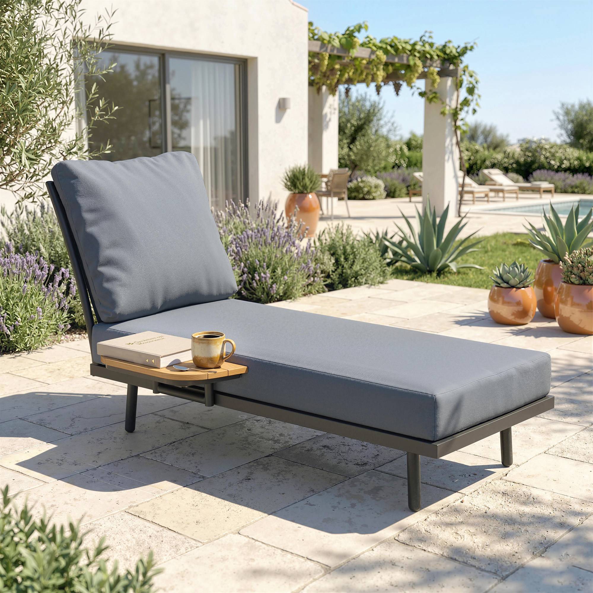 Sans Marque - Chaise Longue de Jardin avec Coussins Lavables en Oléfine et Étagère Latérale, Cadre en Métal, 58x137x75cm, Gris - Image 3