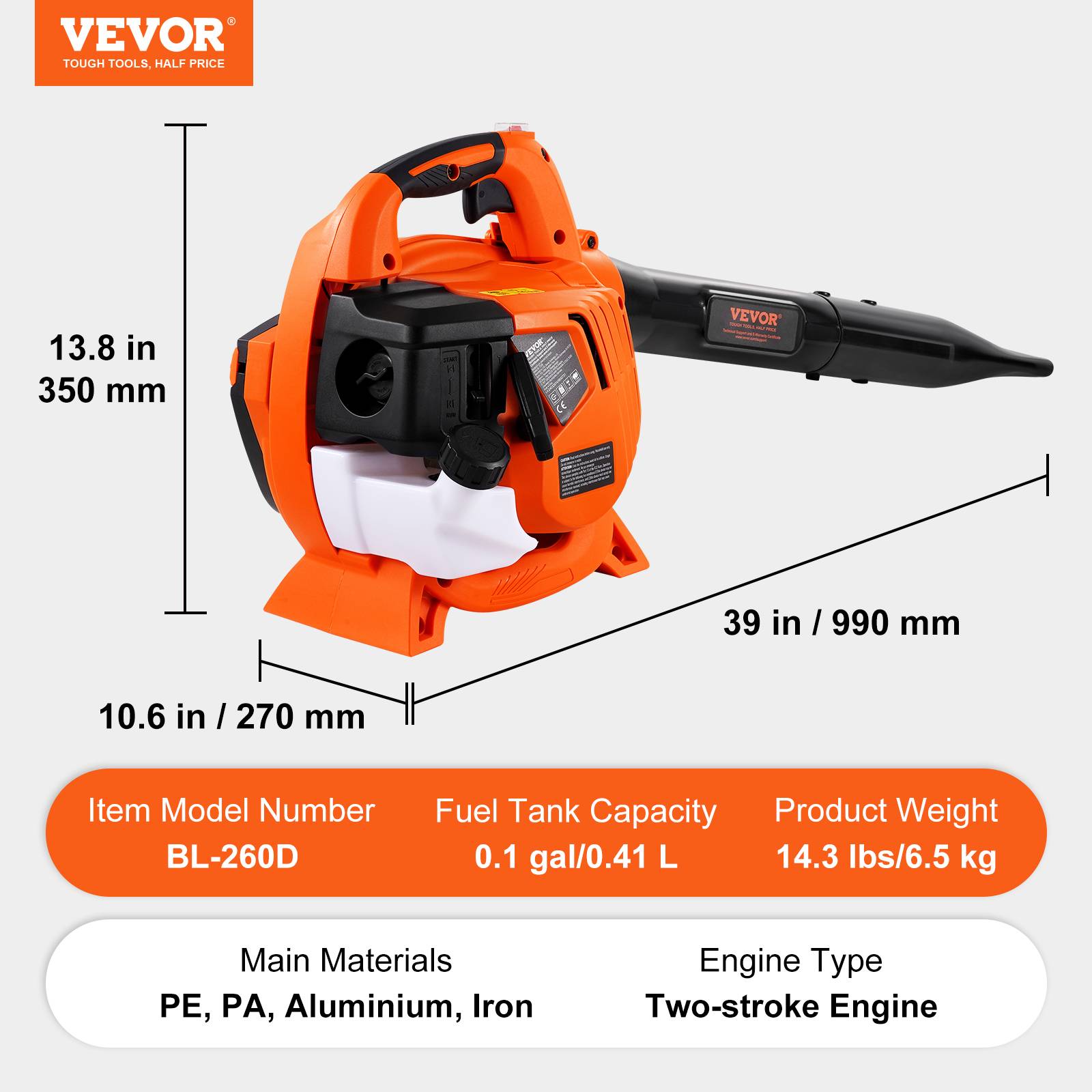 VEVOR Souffleur feuilles essence 26 CC, 2 temps, 425 CFM. Pour pelouse, feuilles. - Image 7