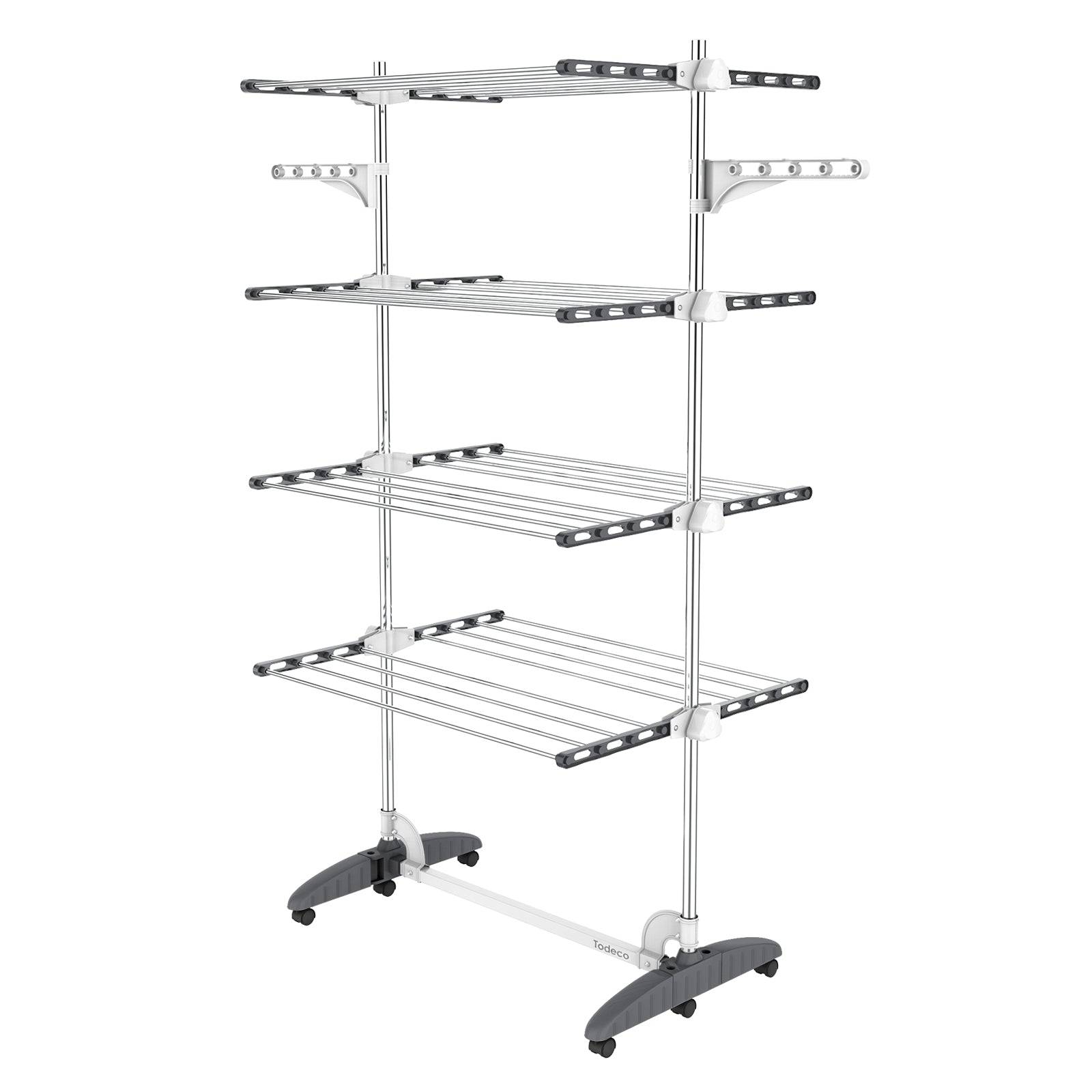 Todeco Séchoir à Linge Pliant à 4 Niveaux, Etendoir à Linge intérieur en Acier Inoxydable, avec Ailes réglables en Hauteur, Gris