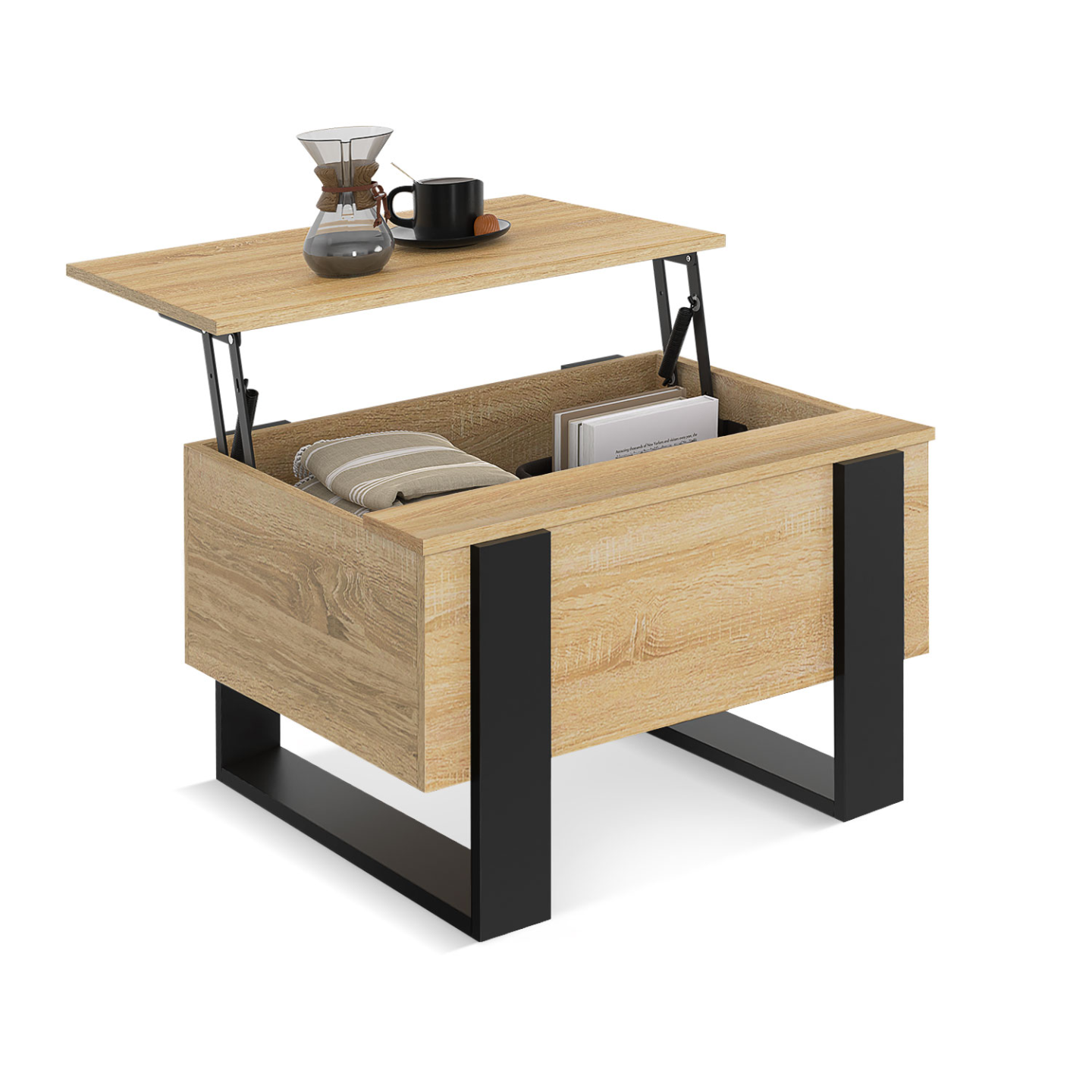 Table basse carrée plateau relevable 70 cm PHOENIX bois et noir - Image 2
