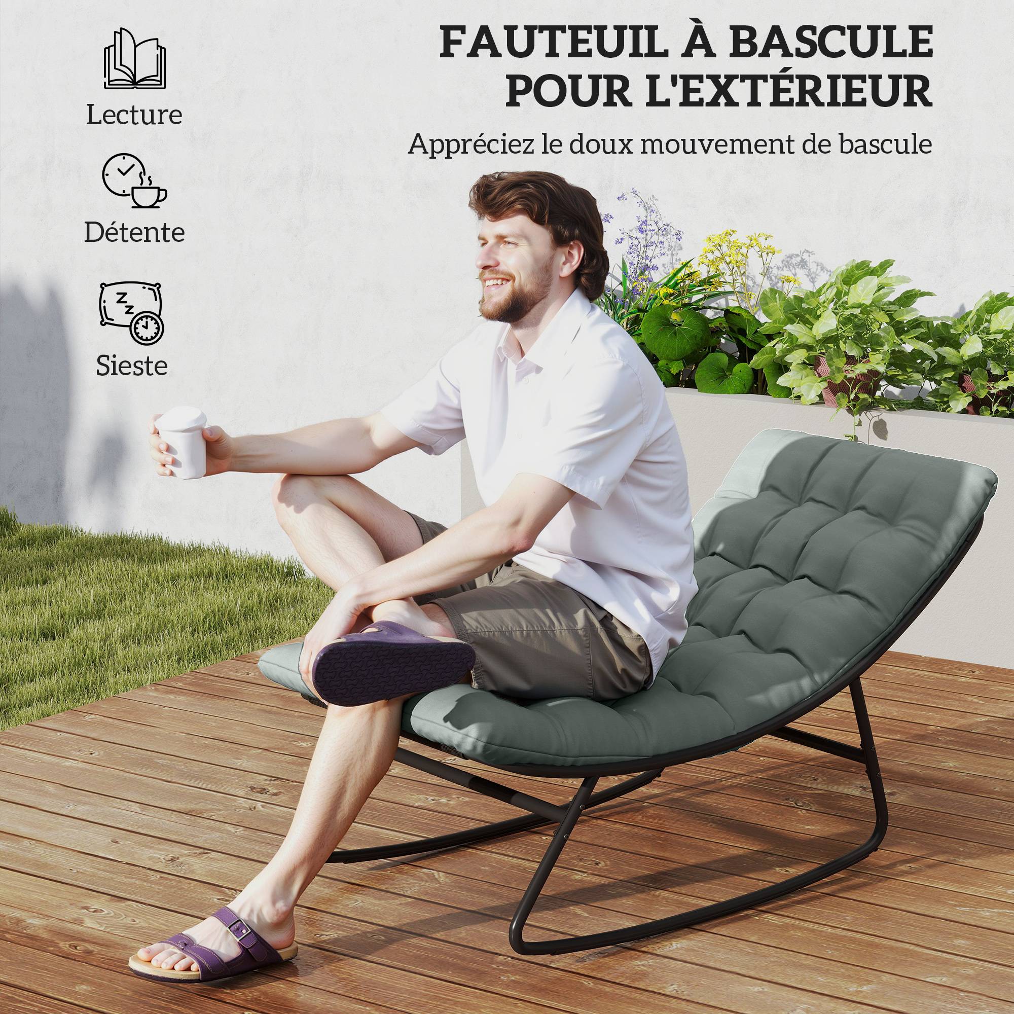 Sans Marque - Lot de 2 fauteuils à bascule extérieur avec coussins épais, siège tissu textilène respirant et cadre en acier, gris - Image 6