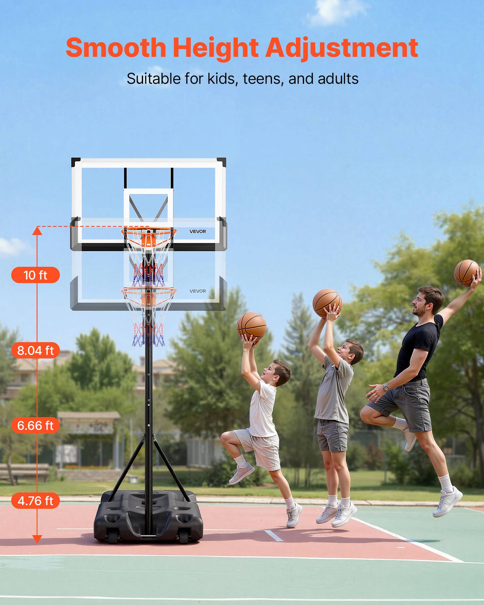 Vevor - VEVOR Panier de basket portable, panneau PC 139 cm, hauteur réglable 3,05 m, base remplissable, roues pivotantes, filet résistant, montage inclus. - Image 7