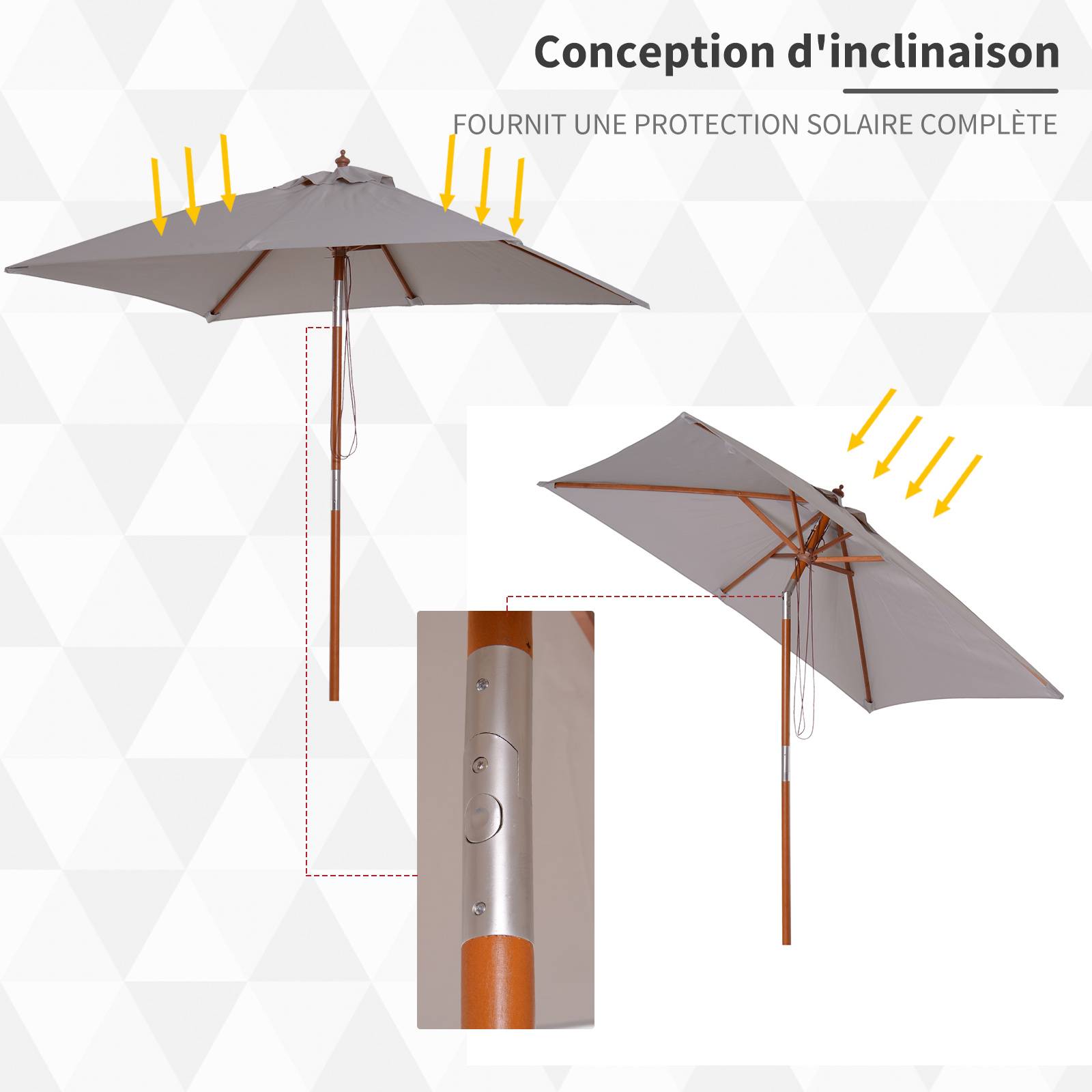 Parasol rectangulaire inclinable en bois et polyester gris clair 198 x 130 x 245 cm - PANGIVO - Image 6