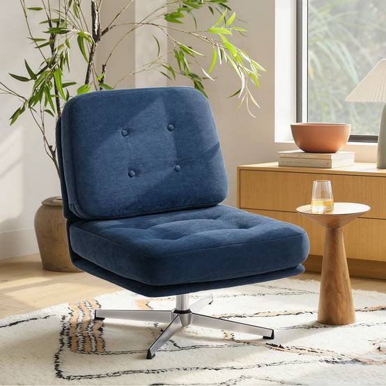 Fauteuil pivotant d'appoint, fauteuil de lecture capitonné en chenille, assise large, coussin en plumes et pieds en métal, bleu foncé - Image 3