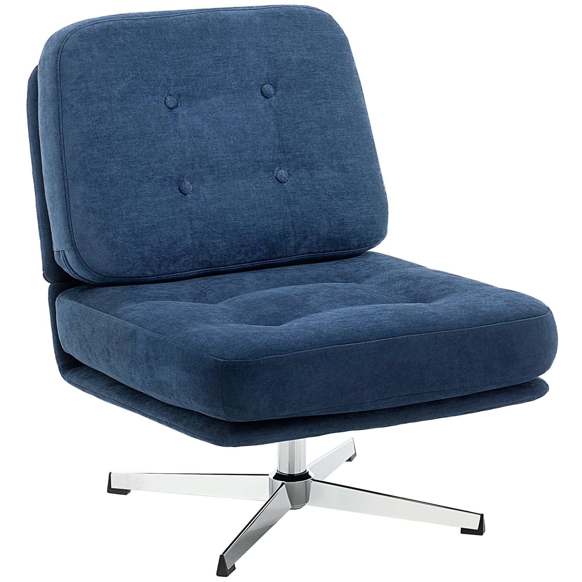Fauteuil pivotant d'appoint, fauteuil de lecture capitonné en chenille, assise large, coussin en plumes et pieds en métal, bleu foncé - Image 1