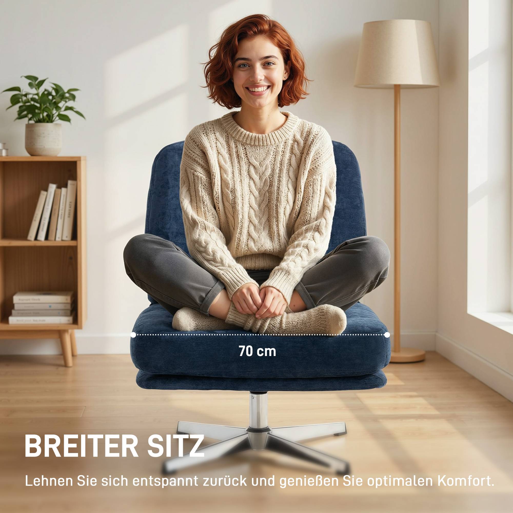 Fauteuil pivotant d'appoint, fauteuil de lecture capitonné en chenille, assise large, coussin en plumes et pieds en métal, bleu foncé - Image 6