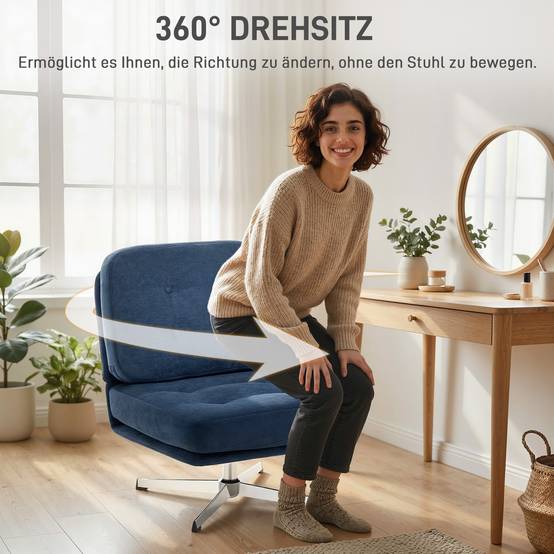 Fauteuil pivotant d'appoint, fauteuil de lecture capitonné en chenille, assise large, coussin en plumes et pieds en métal, bleu foncé - Image 9
