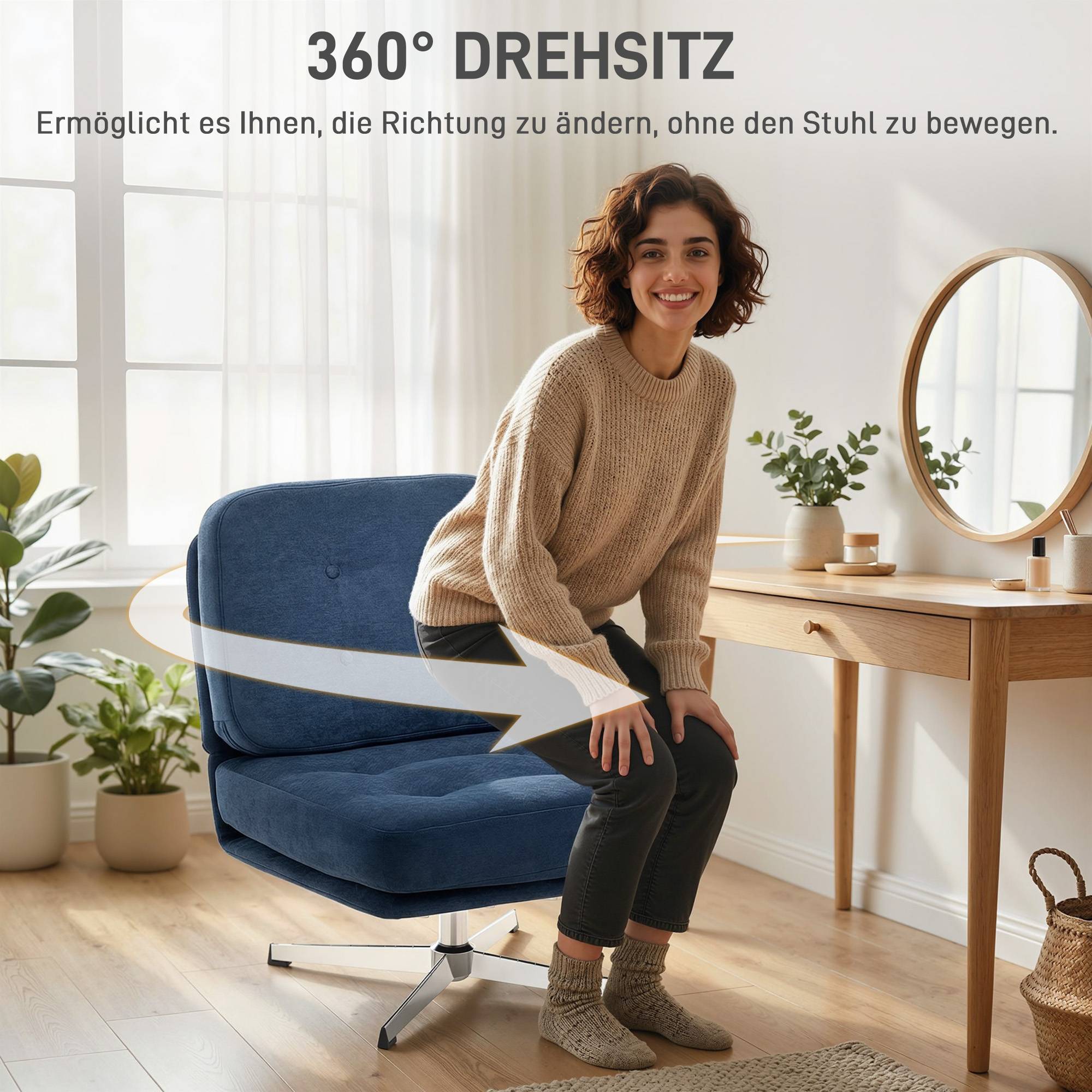 Fauteuil pivotant d'appoint, fauteuil de lecture capitonné en chenille, assise large, coussin en plumes et pieds en métal, bleu foncé - Image 9