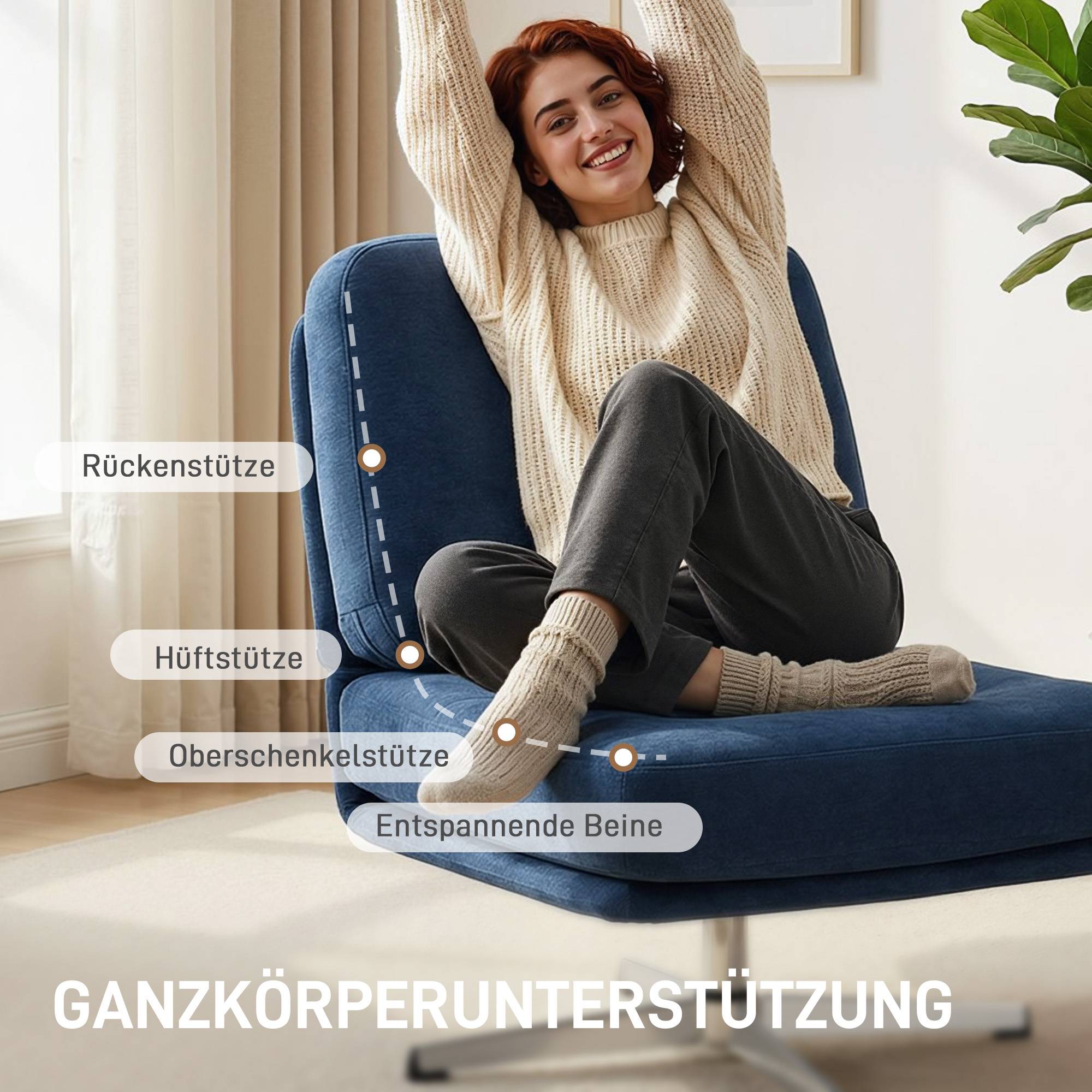 Fauteuil pivotant d'appoint, fauteuil de lecture capitonné en chenille, assise large, coussin en plumes et pieds en métal, bleu foncé - Image 10