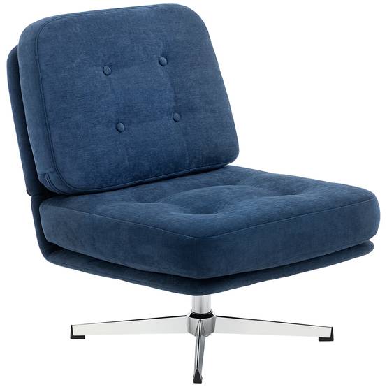 Fauteuil pivotant d'appoint, fauteuil de lecture capitonné en chenille, assise large, coussin en plumes et pieds en métal, bleu foncé - Image 2