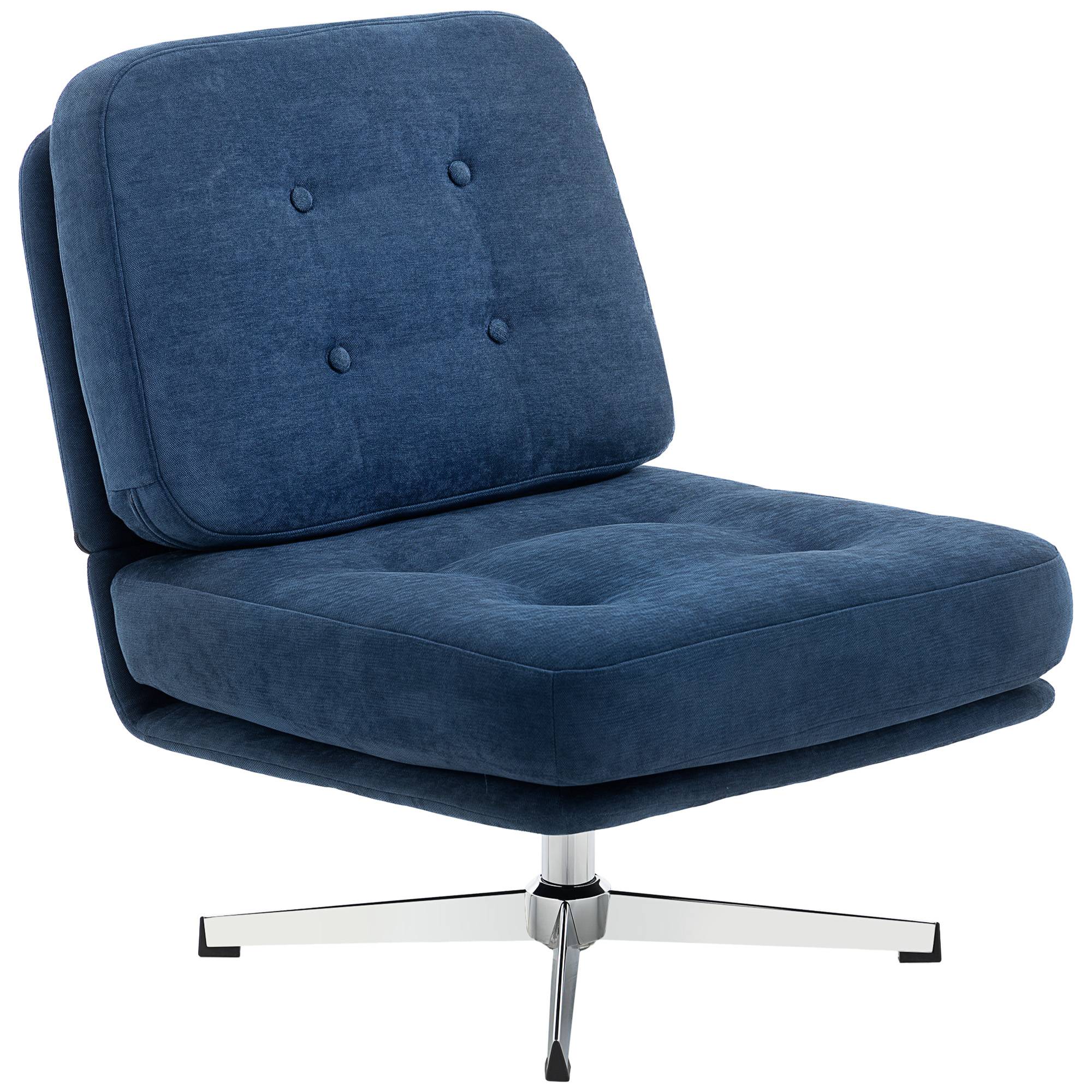 Fauteuil pivotant d'appoint, fauteuil de lecture capitonné en chenille, assise large, coussin en plumes et pieds en métal, bleu foncé - Image 2