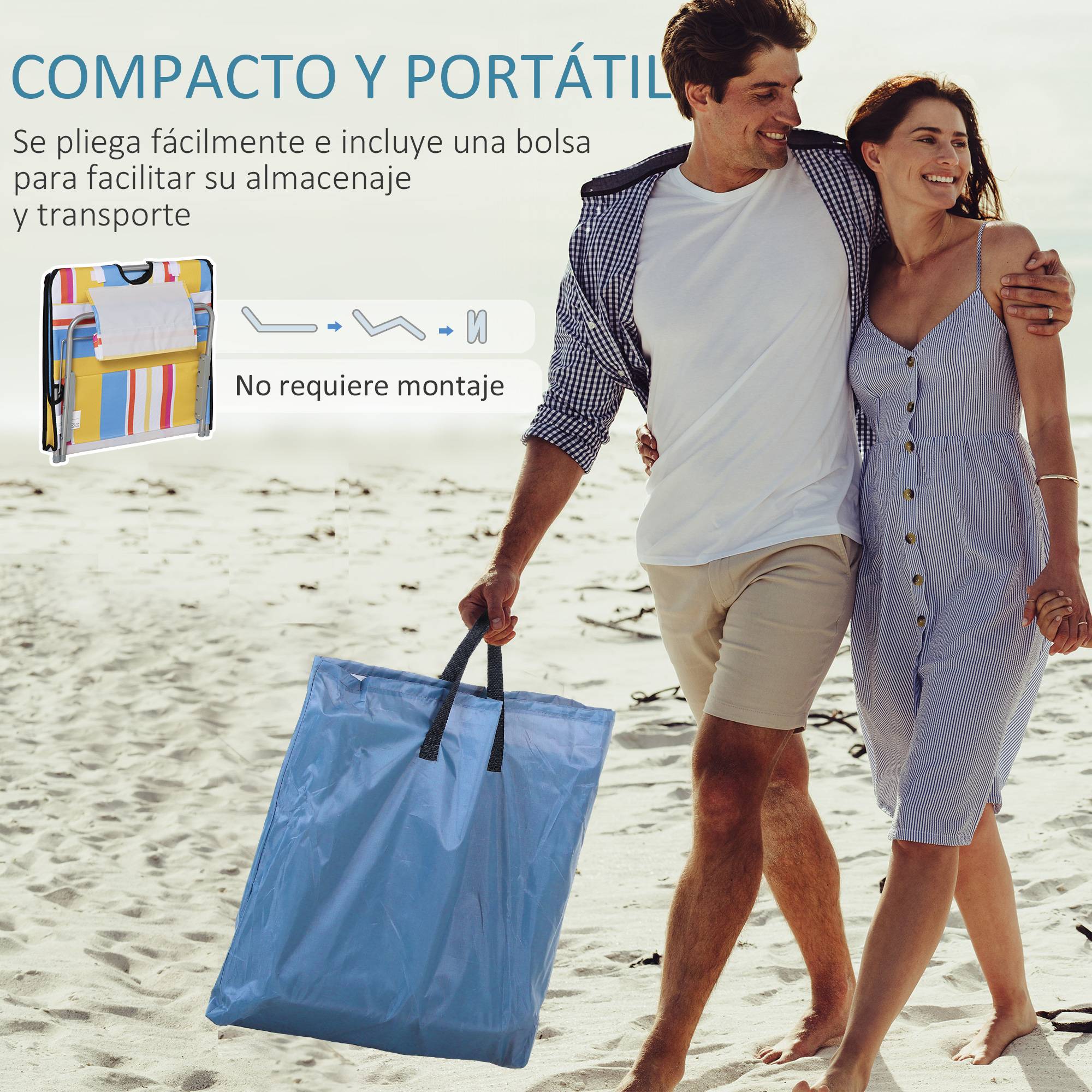 Lot de 2 Tapis de Plage Pliables avec Dossier et Appui-Tête Réglables, Tissu Oxford et Cadre Acier, Sac de Transport, 124 x 53 x 45 cm, Multicolore - Image 7