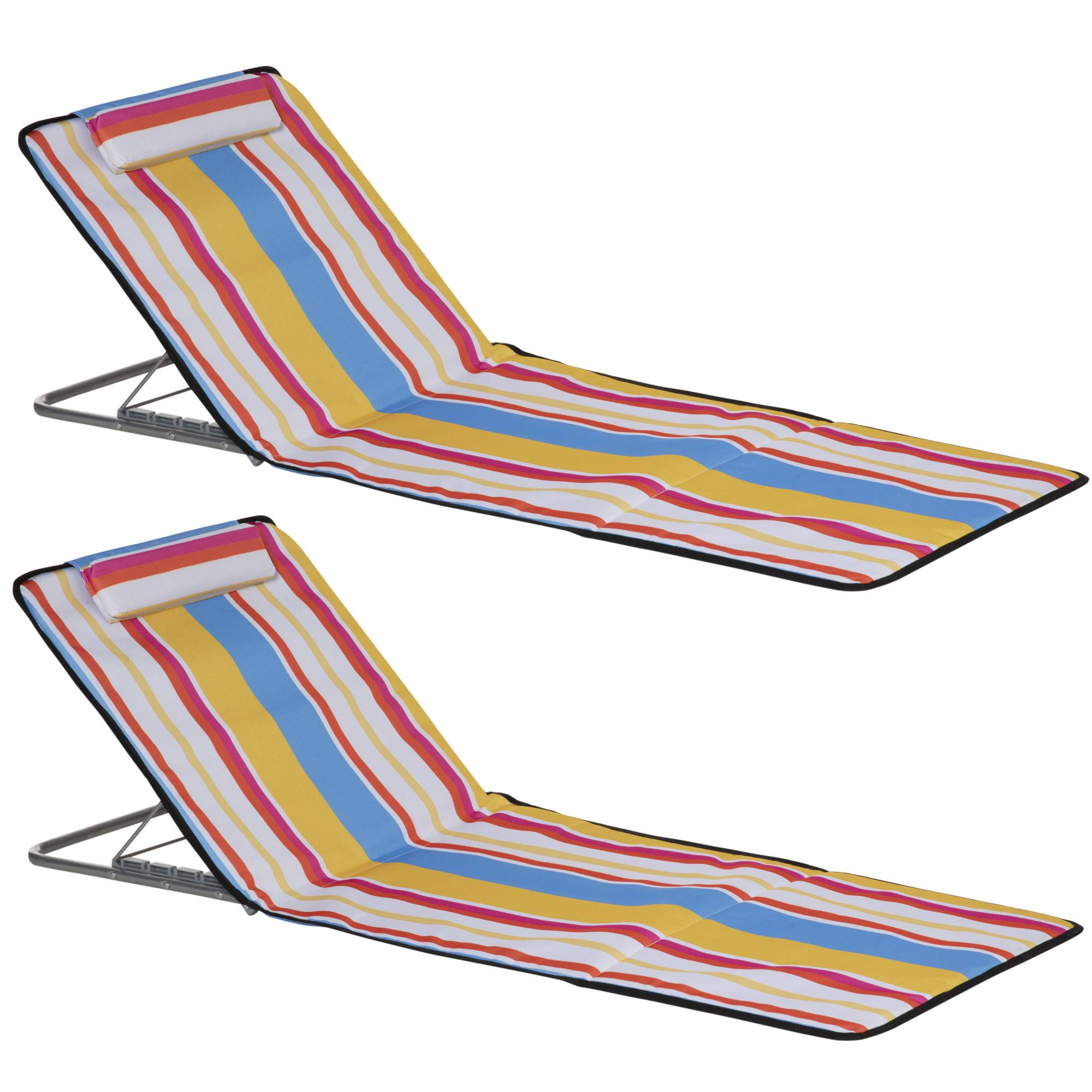 Lot de 2 Tapis de Plage Pliables avec Dossier et Appui-Tête Réglables, Tissu Oxford et Cadre Acier, Sac de Transport, 124 x 53 x 45 cm, Multicolore - Image 1