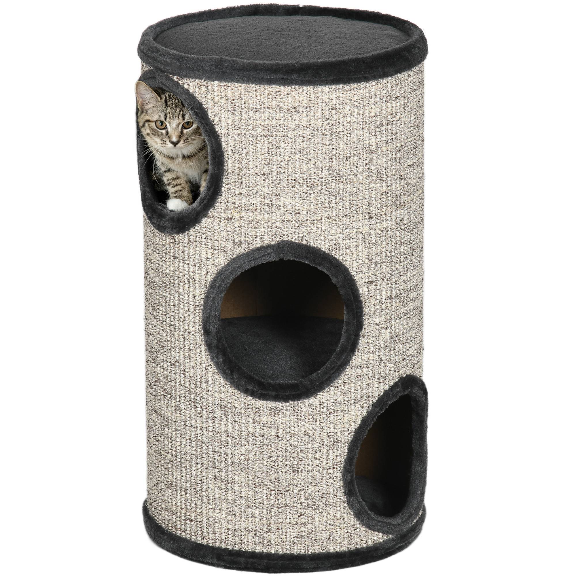 Maison pour chat à 3 niveaux avec griffoir en sisal et peluche, Ø38 x 70 cm, grise - Image 1