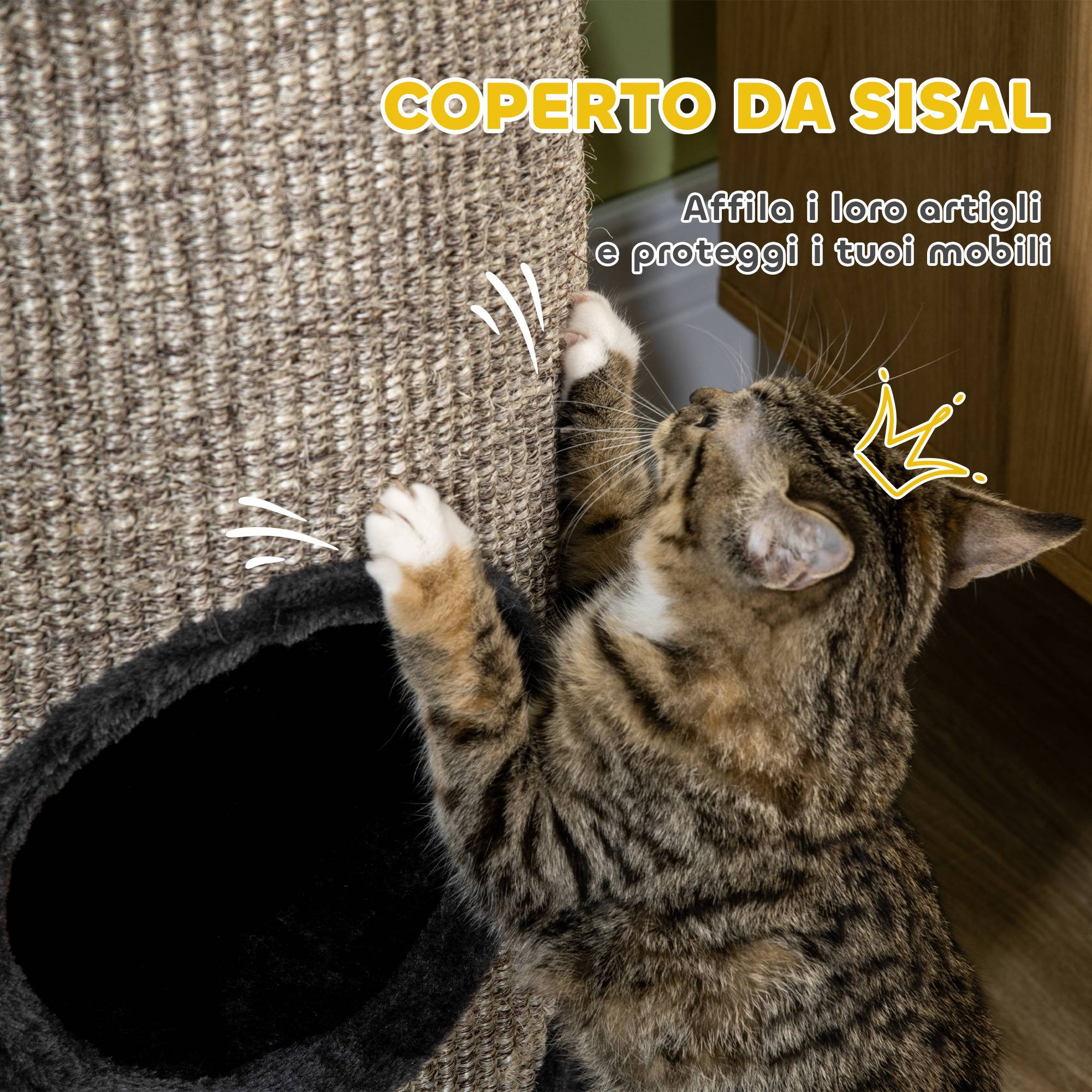 Maison pour chat à 3 niveaux avec griffoir en sisal et peluche, Ø38 x 70 cm, grise - Image 8