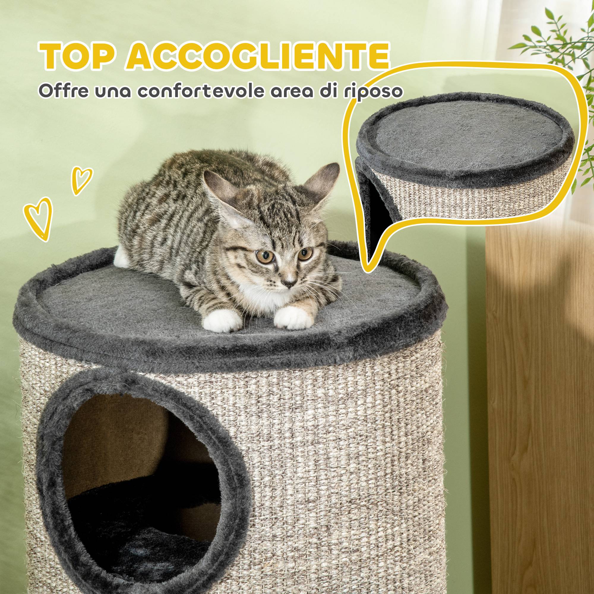 Maison pour chat à 3 niveaux avec griffoir en sisal et peluche, Ø38 x 70 cm, grise - Image 7