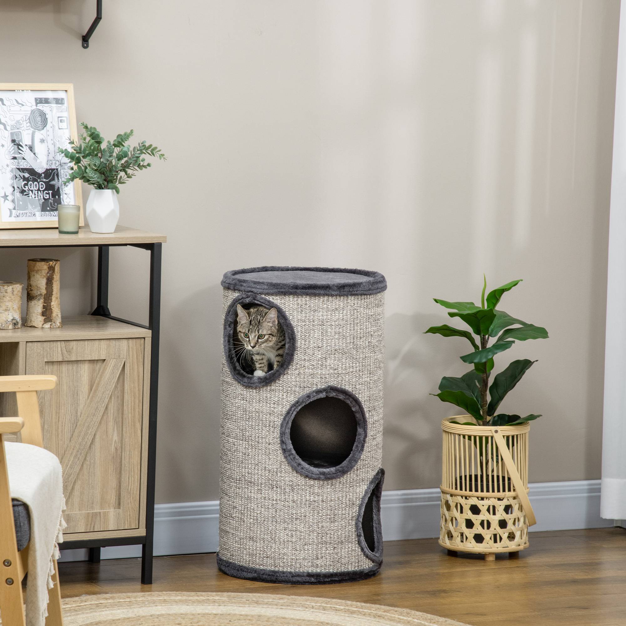 Maison pour chat à 3 niveaux avec griffoir en sisal et peluche, Ø38 x 70 cm, grise - Image 4