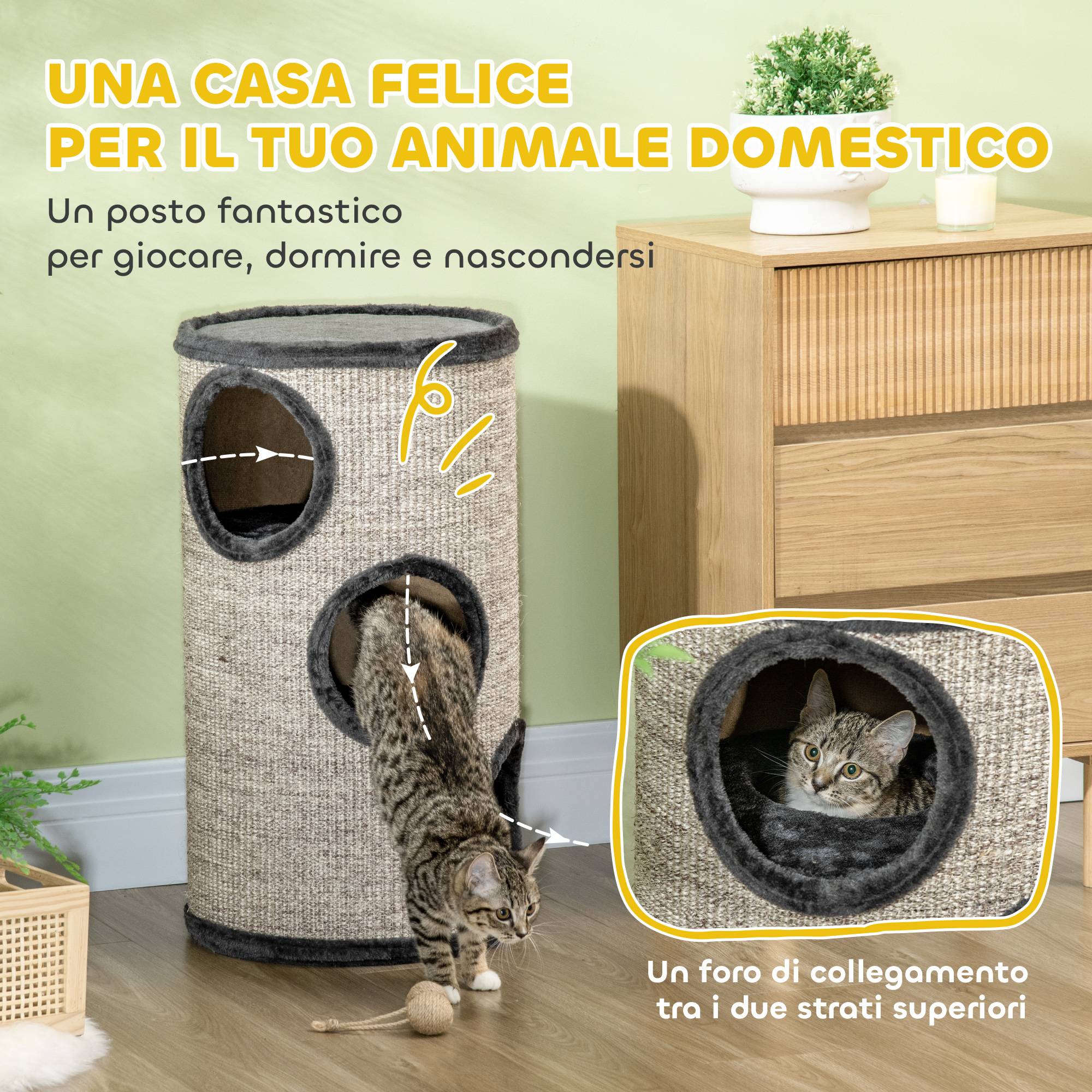 Maison pour chat à 3 niveaux avec griffoir en sisal et peluche, Ø38 x 70 cm, grise - Image 6