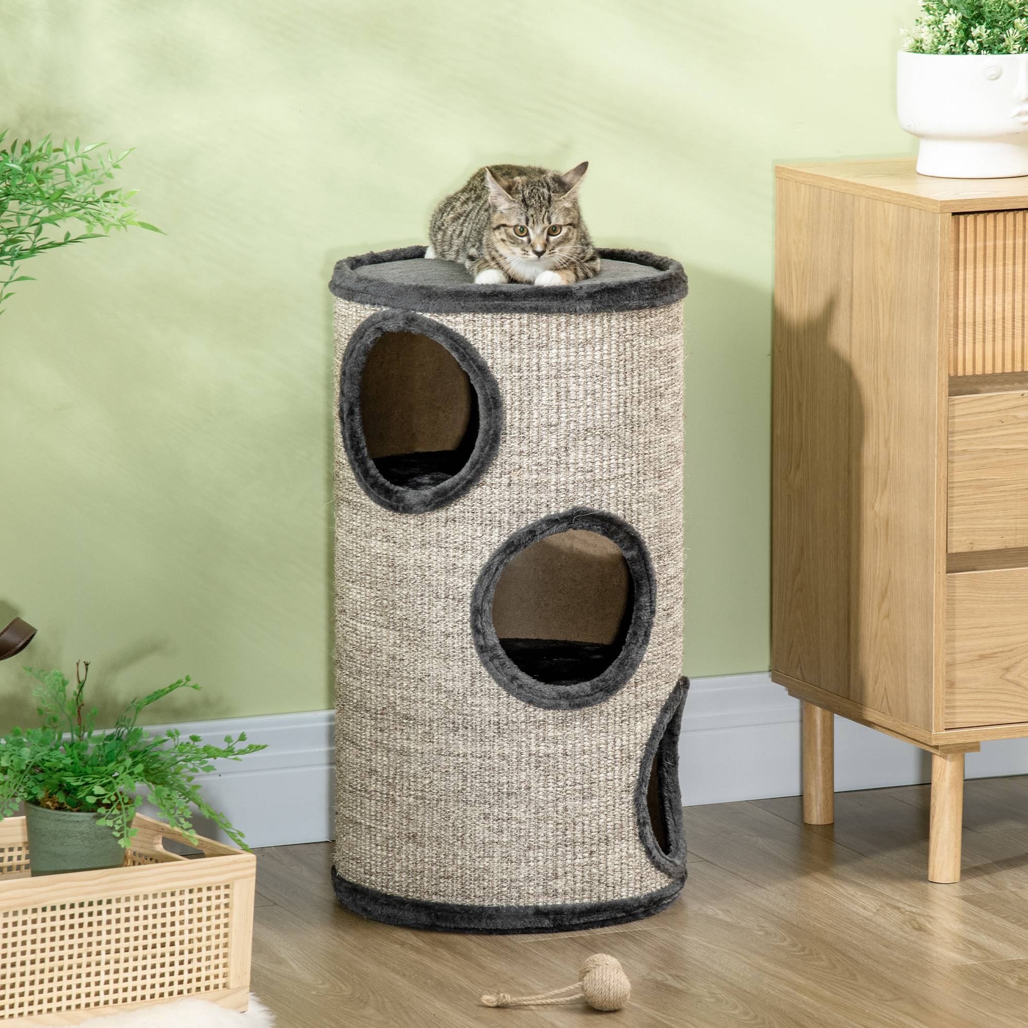 Maison pour chat à 3 niveaux avec griffoir en sisal et peluche, Ø38 x 70 cm, grise - Image 10
