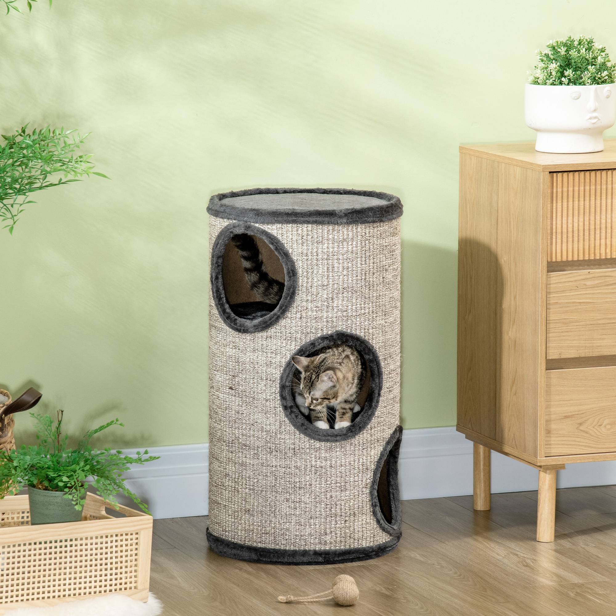 Maison pour chat à 3 niveaux avec griffoir en sisal et peluche, Ø38 x 70 cm, grise - Image 3