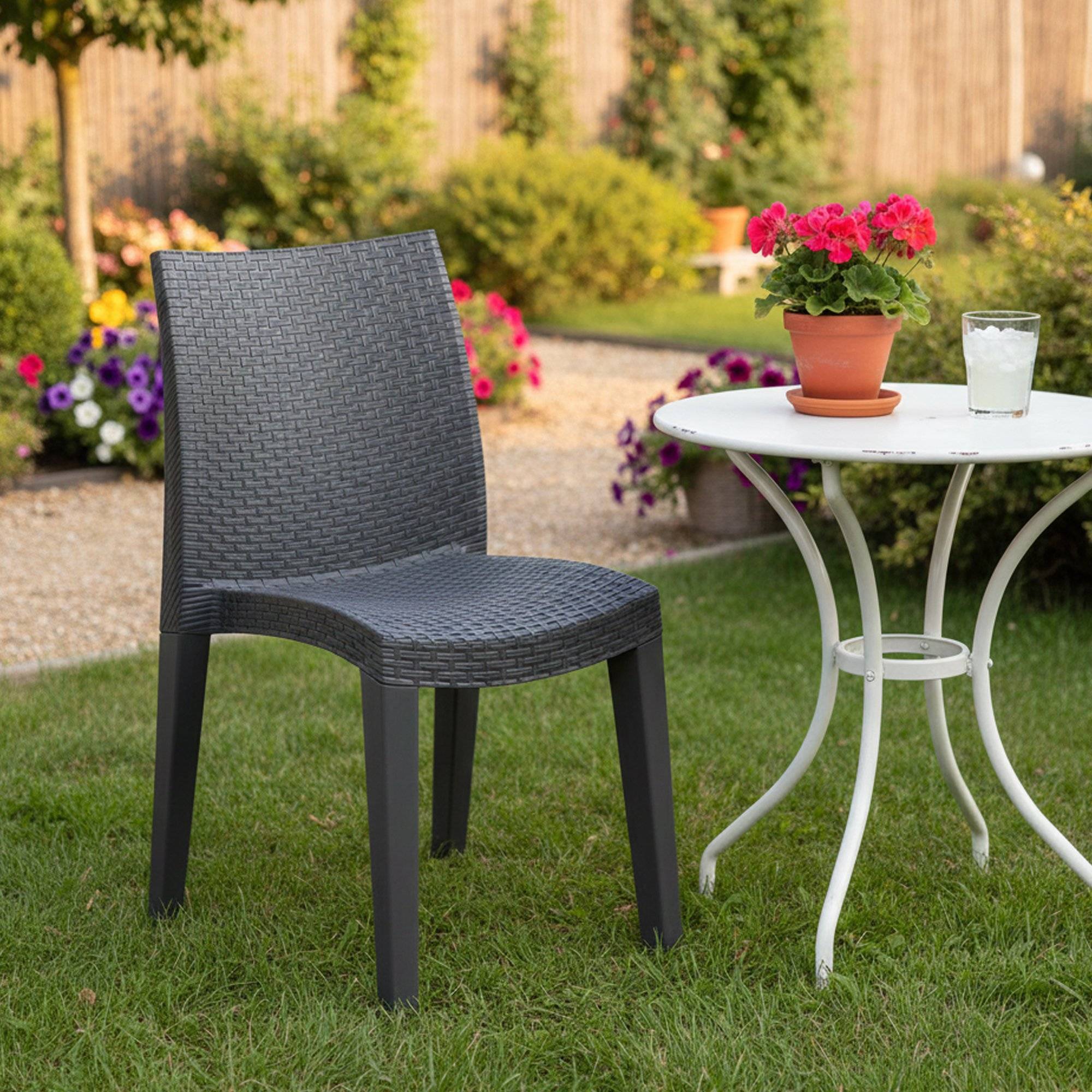 Dmora - Chaise d'extérieur Dmondin, Siège de jardin, Chaise pour table à manger, Fauteuil d'extérieur effet rotin, 48x55h86 cm, Anthracite - Dmora - Image 2