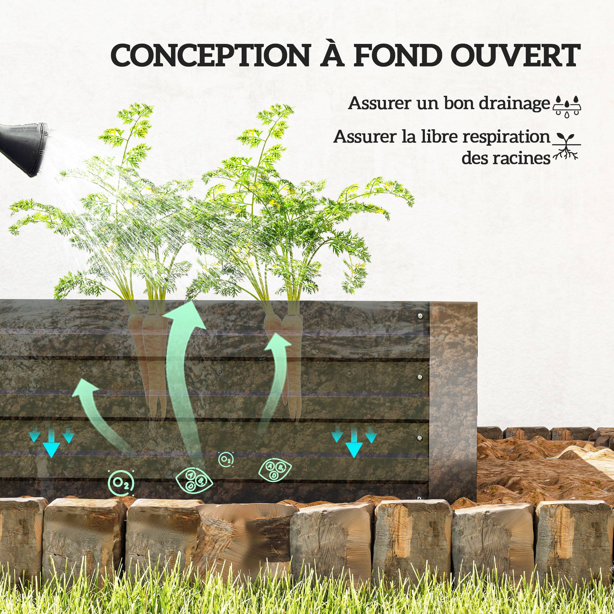 Carré potager jardinière rectangulaire en acier galvanisé tuteurs pour tomates et plantes grimpantes 180 x 90 x 29,5 cm - Image 6