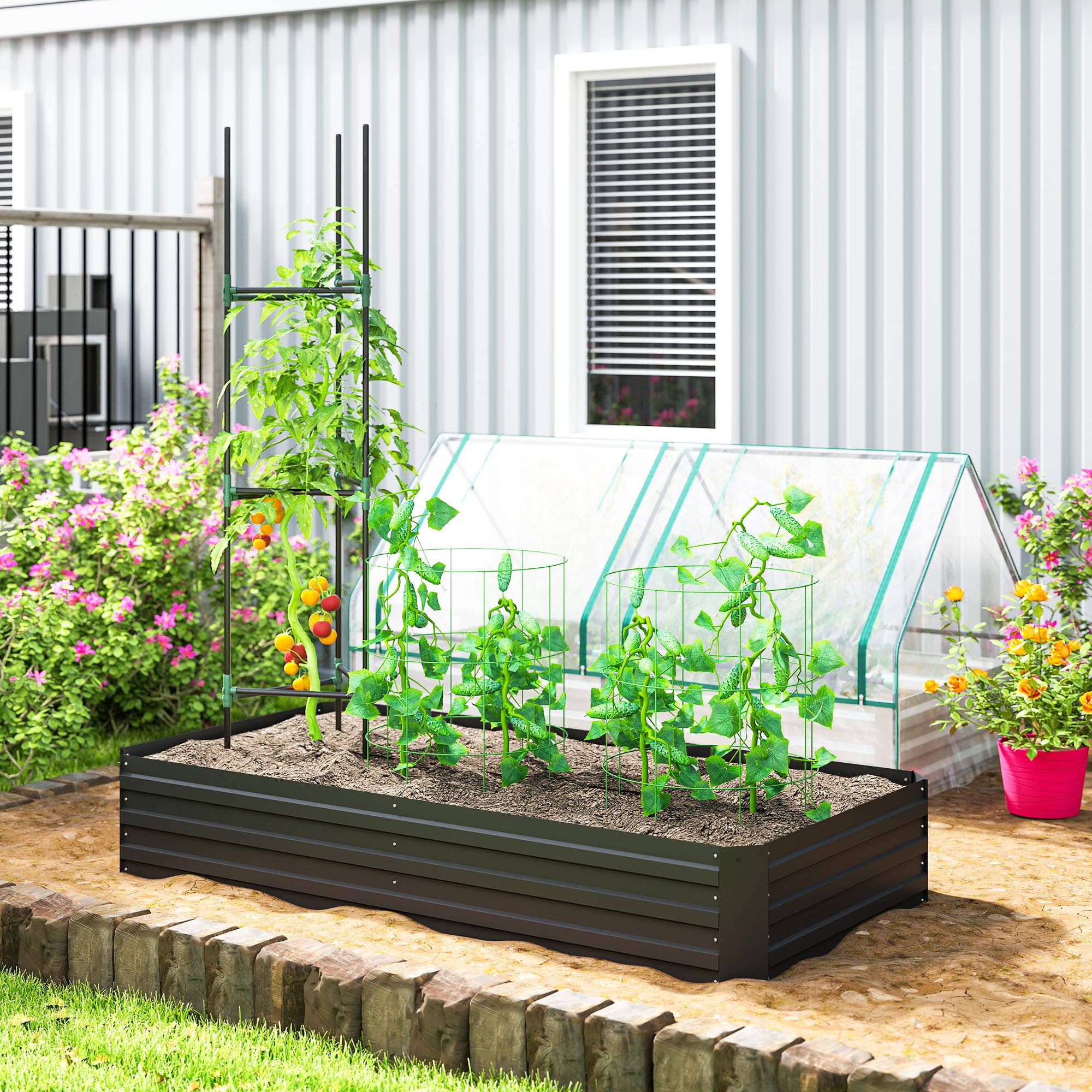 Carré potager jardinière rectangulaire en acier galvanisé tuteurs pour tomates et plantes grimpantes 180 x 90 x 29,5 cm - Image 3