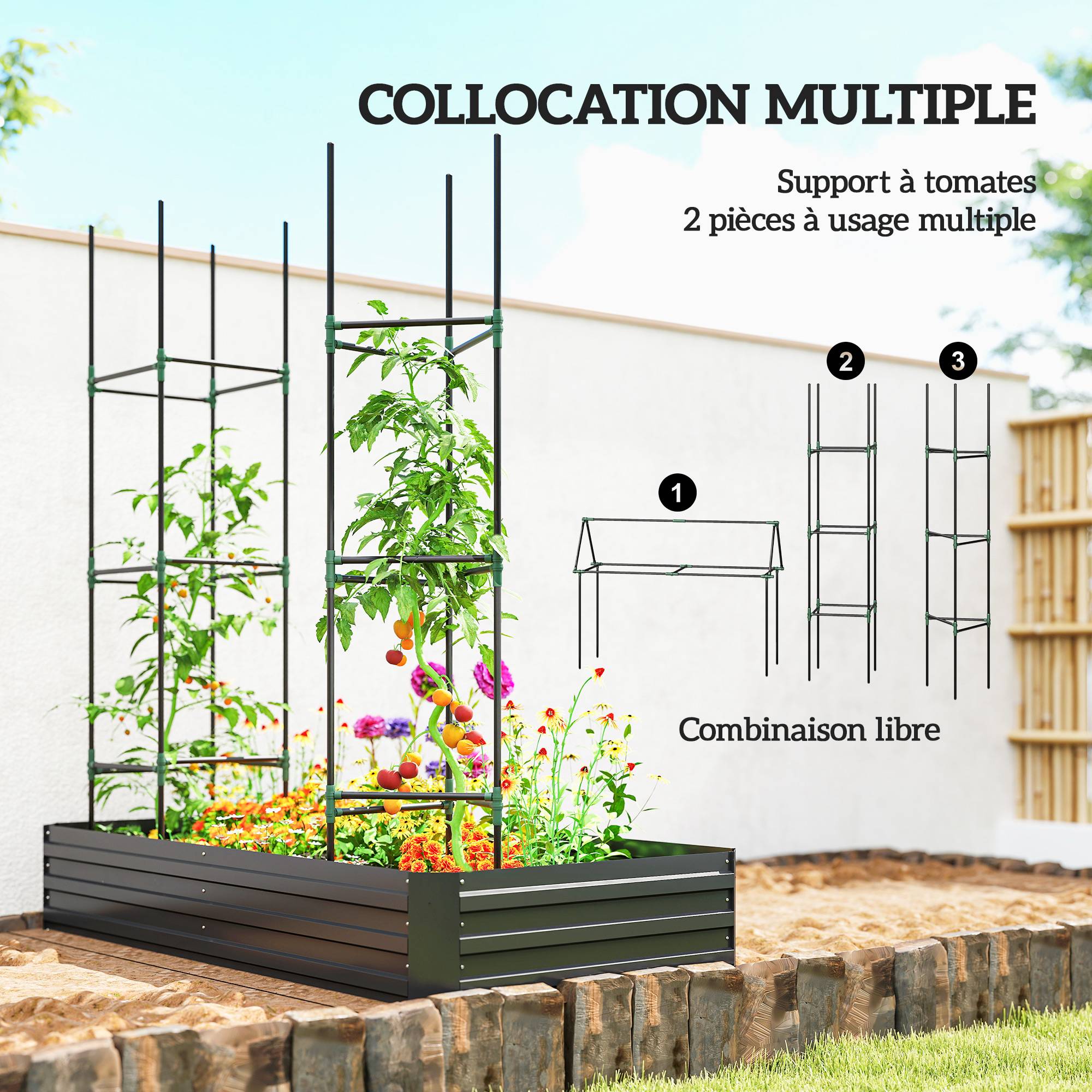 Carré potager jardinière rectangulaire en acier galvanisé tuteurs pour tomates et plantes grimpantes 180 x 90 x 29,5 cm - Image 8
