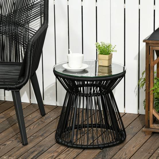 ComfortXL - Table basse ronde Résine tressée Jardin & terrasse Plateau verre trempé 40x40x42cm Noir - ComfortXL Outdoor Living - Image 3