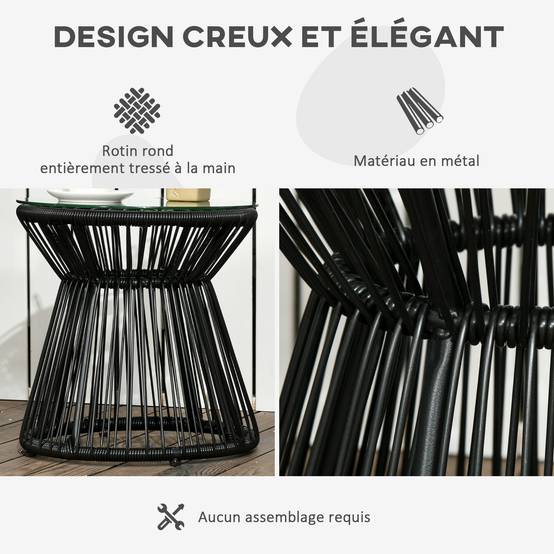 ComfortXL - Table basse ronde Résine tressée Jardin & terrasse Plateau verre trempé 40x40x42cm Noir - ComfortXL Outdoor Living - Image 7