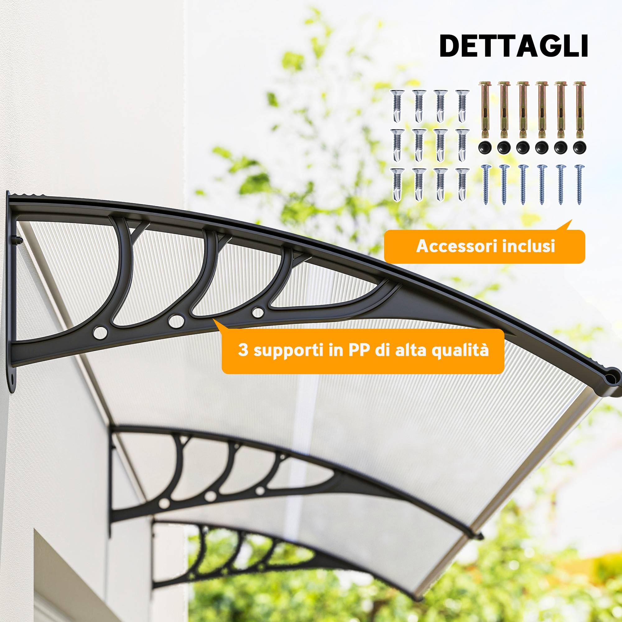 Auvent marquise porte polycarbonate extérieur protection pluie 195x75cm transparent - ComfortXL Outdoor Living - Image 7