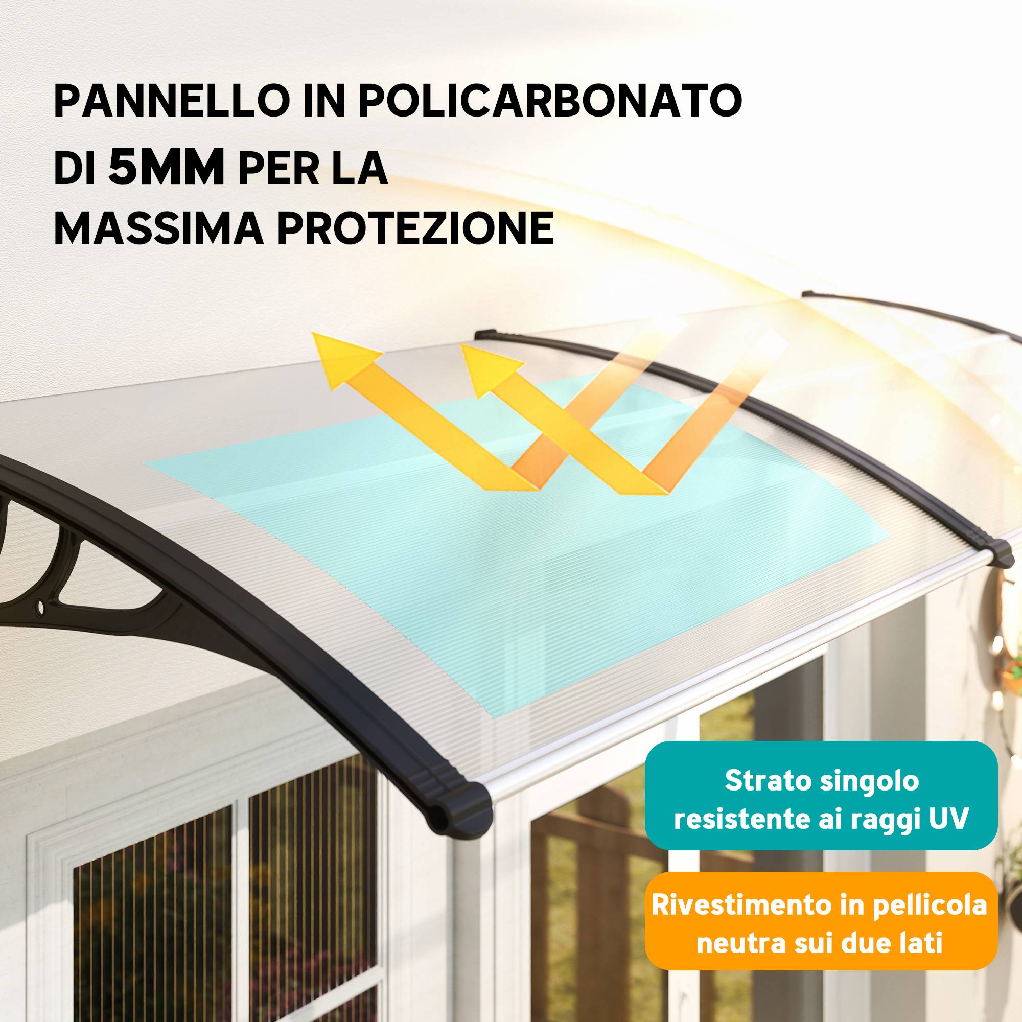 Auvent marquise porte polycarbonate extérieur protection pluie 195x75cm transparent - ComfortXL Outdoor Living - Image 6