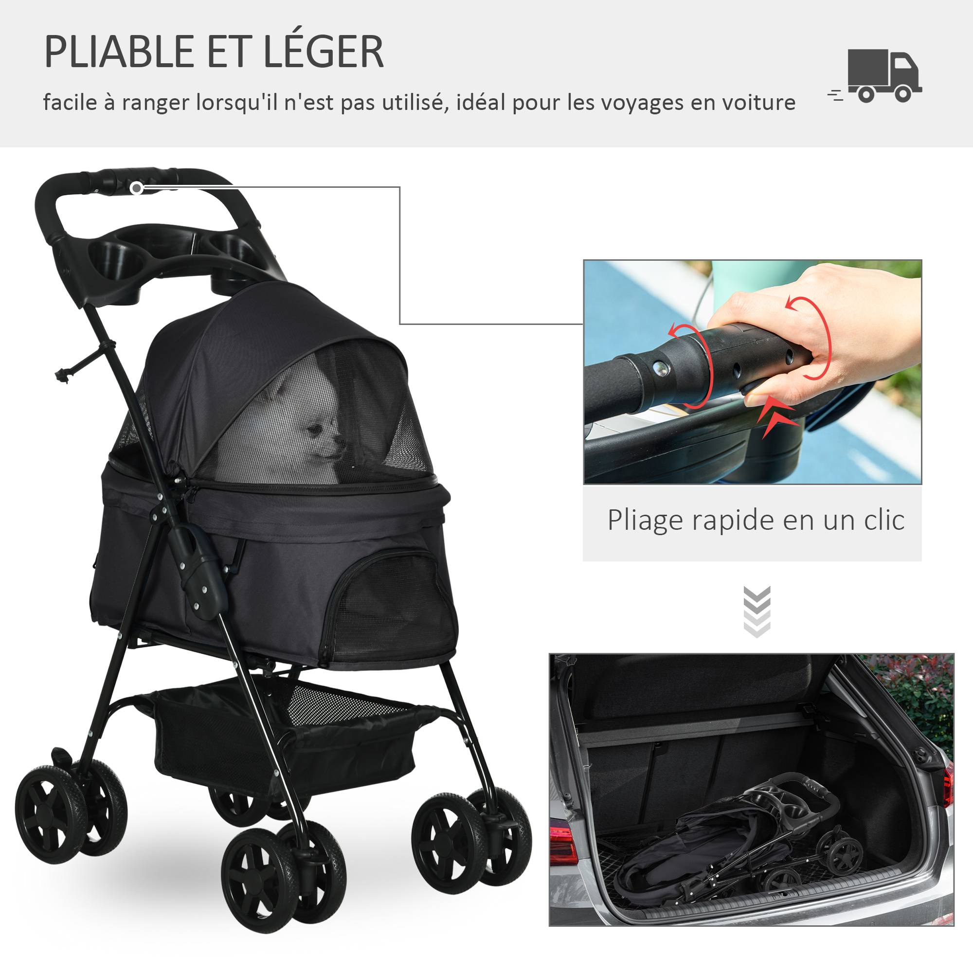 Poussette buggy pliable chien chat panier rangement porte-gobelets tissu 300D Oxford imperméable 4 roues noir - Image 6
