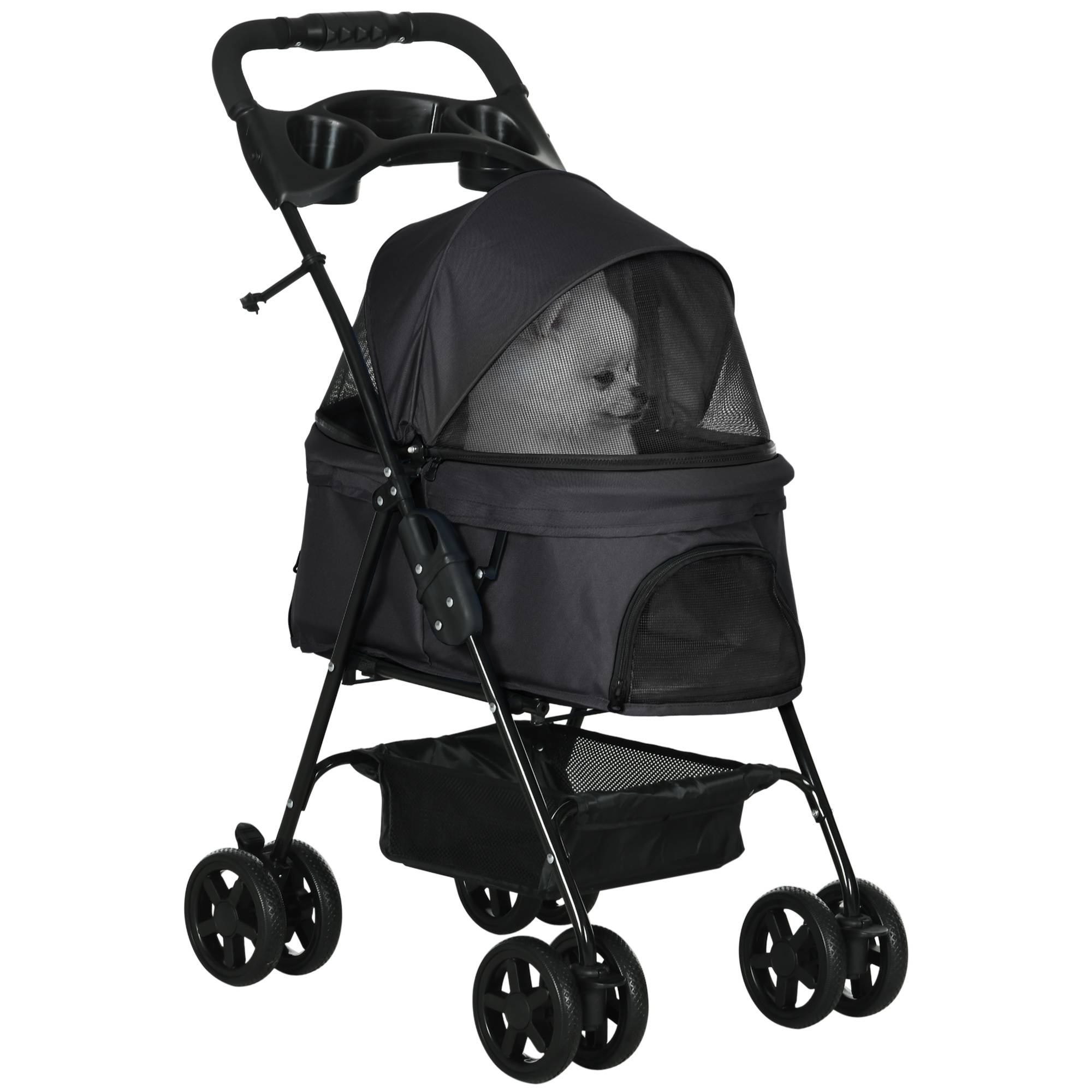 Poussette buggy pliable chien chat panier rangement porte-gobelets tissu 300D Oxford imperméable 4 roues noir - Image 1