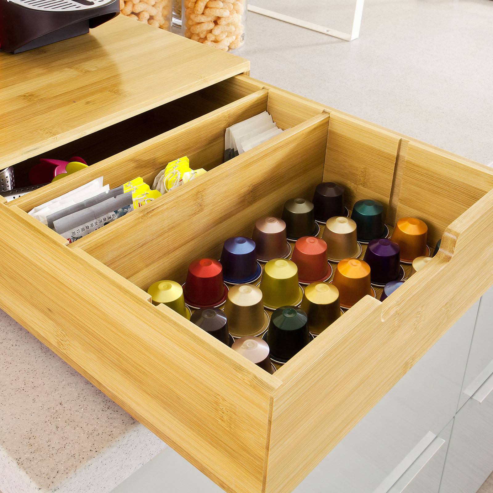 Grande Boîte à Capsules de Café et de Thé en Bambou avec Tiroir pour Machines à Espresso Dolce Gusto, Modèle FRG83-N - Image 10